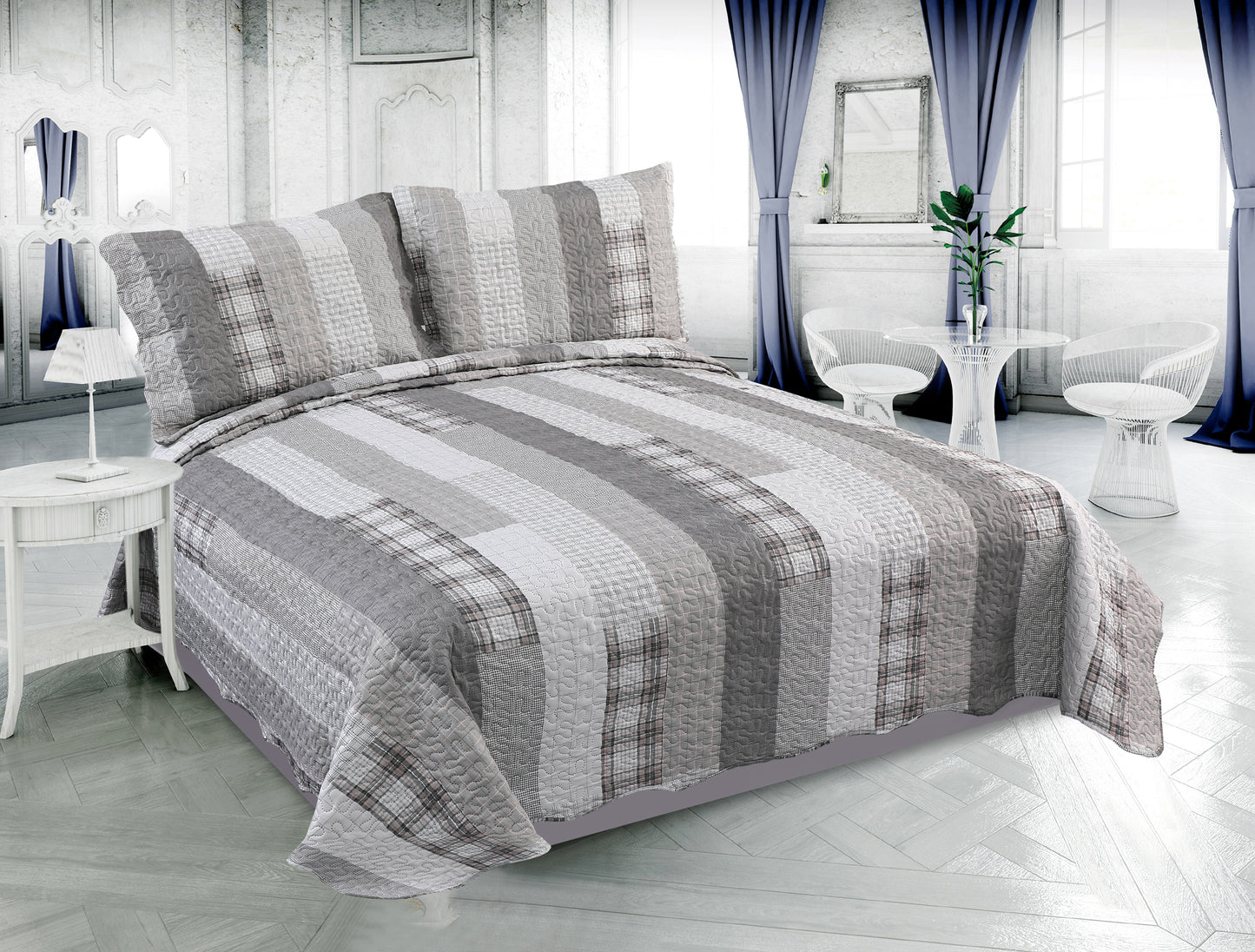 Printed Embossed Pinsonic Soft Bedding Summer Quilt Set, Modern Grey Striped