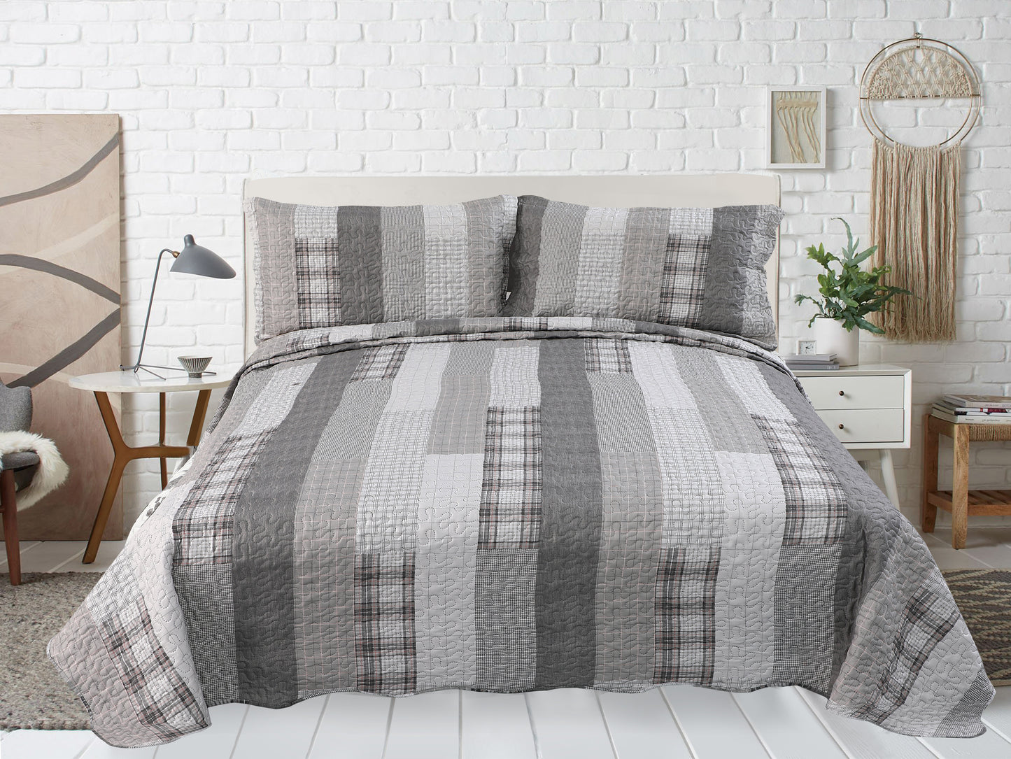 Printed Embossed Pinsonic Soft Bedding Summer Quilt Set, Modern Grey Striped