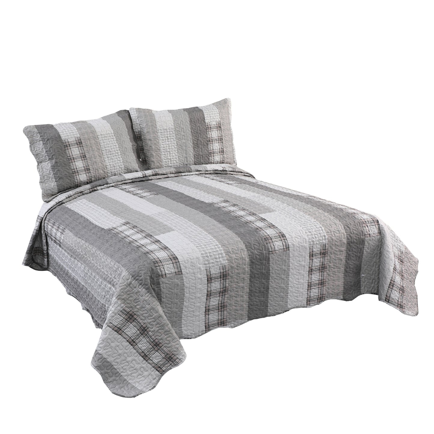 Printed Embossed Pinsonic Soft Bedding Summer Quilt Set, Modern Grey Striped