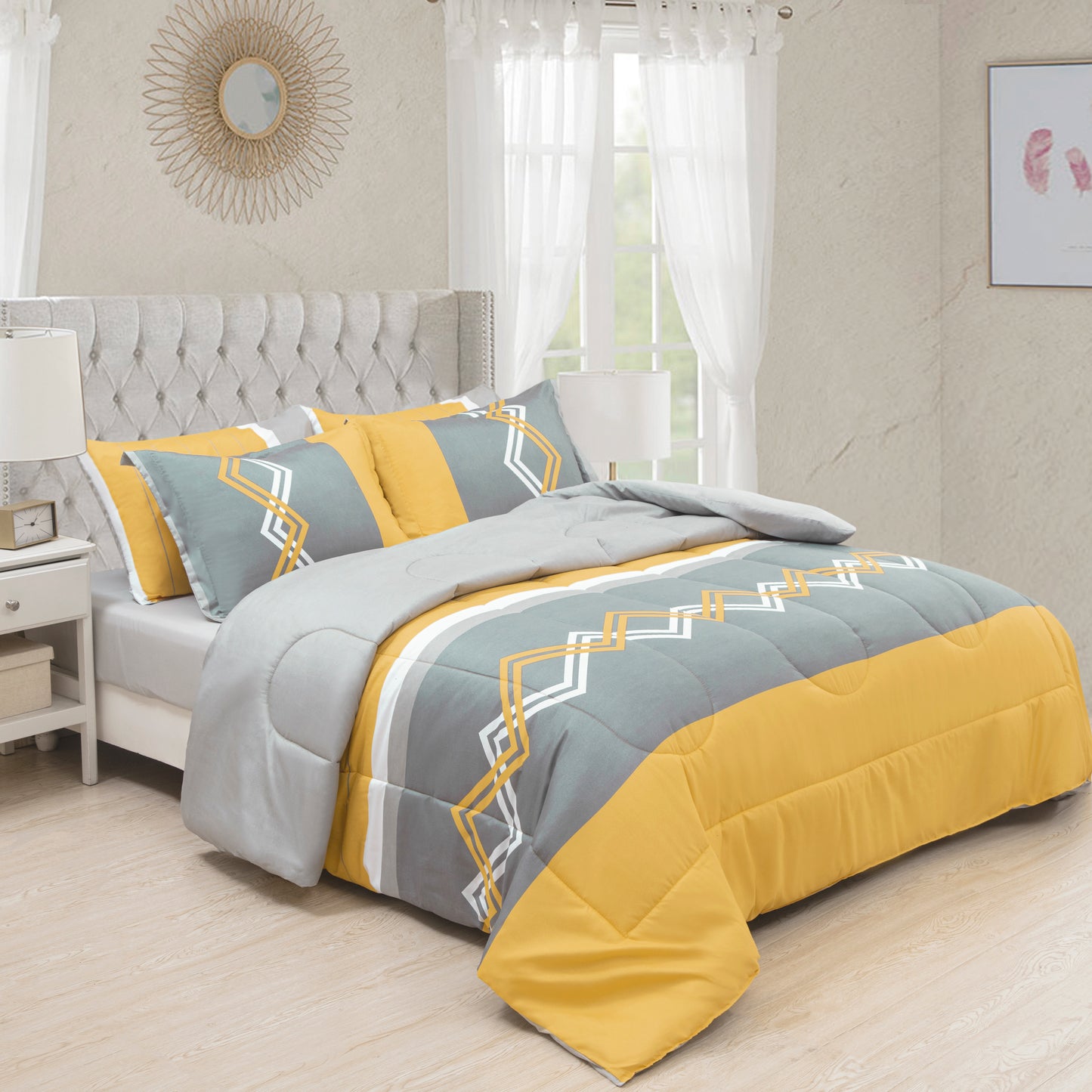 Printed Bed in a Bag Soft Luxury Fluffy Goose Down Alternative Comforter and Sheet Set, Modern Stripes Geometric Pattern