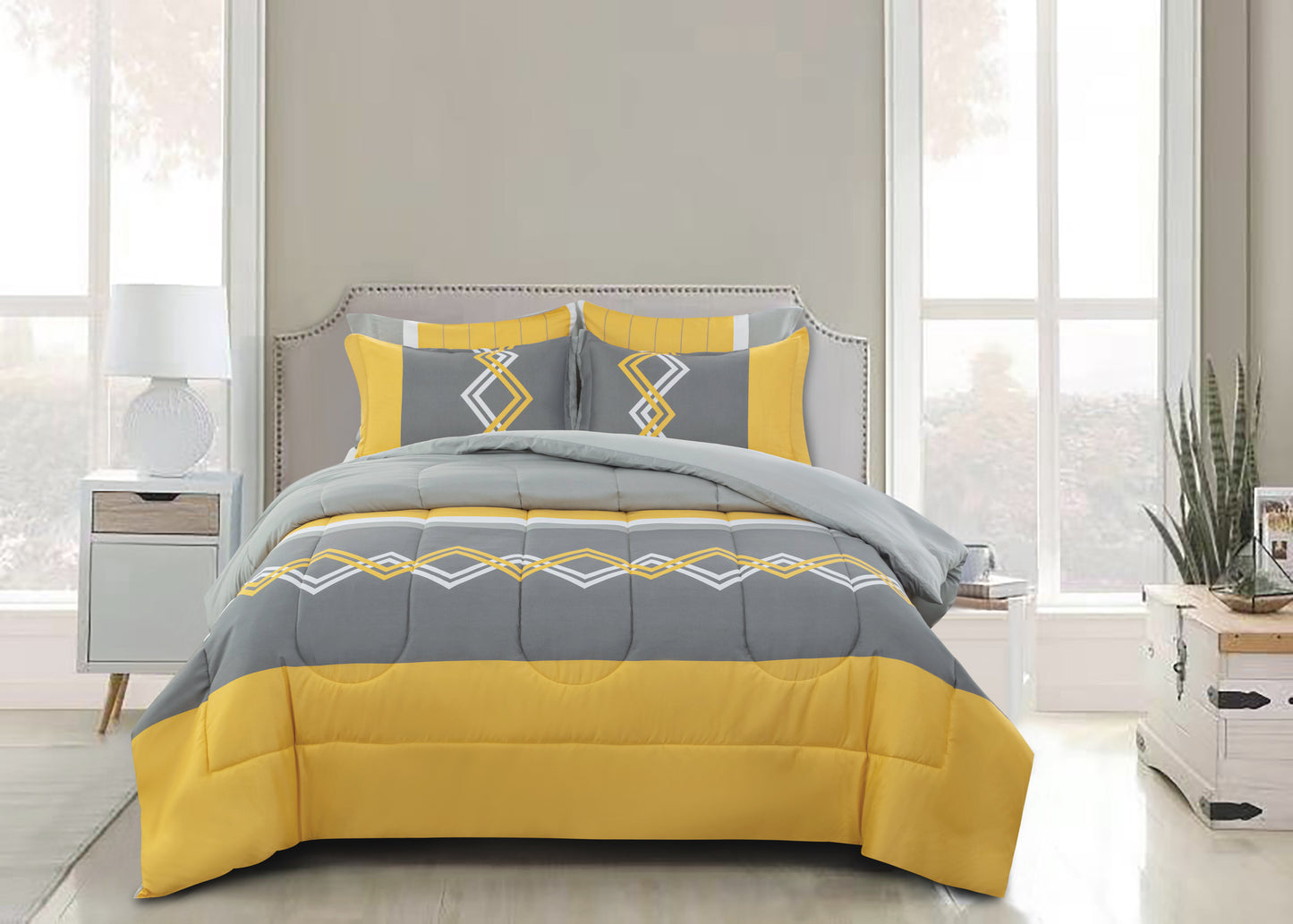 Printed Bed in a Bag Soft Luxury Fluffy Goose Down Alternative Comforter and Sheet Set, Modern Stripes Geometric Pattern