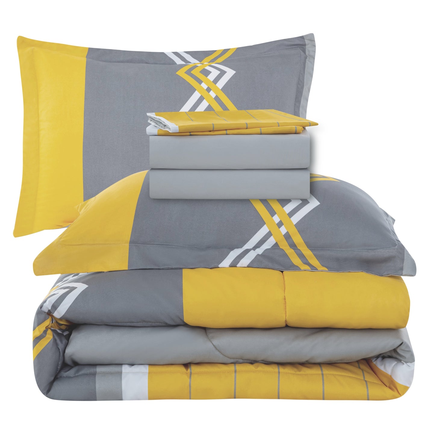 Printed Bed in a Bag Soft Luxury Fluffy Goose Down Alternative Comforter and Sheet Set, Modern Stripes Geometric Pattern