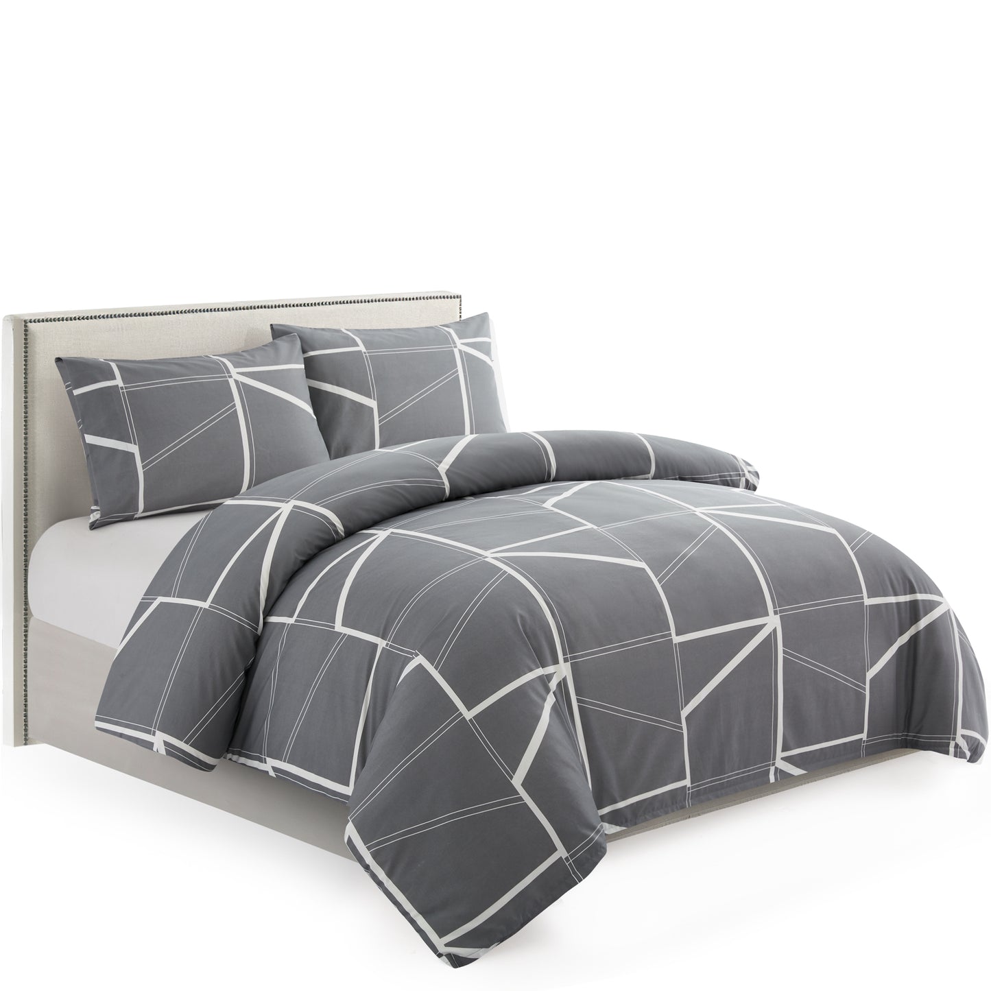 Printed Rayon from Bamboo Soft All Season Duvet Cover Fitted Sheet Ensemble Bedding Set with Zipper and Corner Tie, Grey Geometric