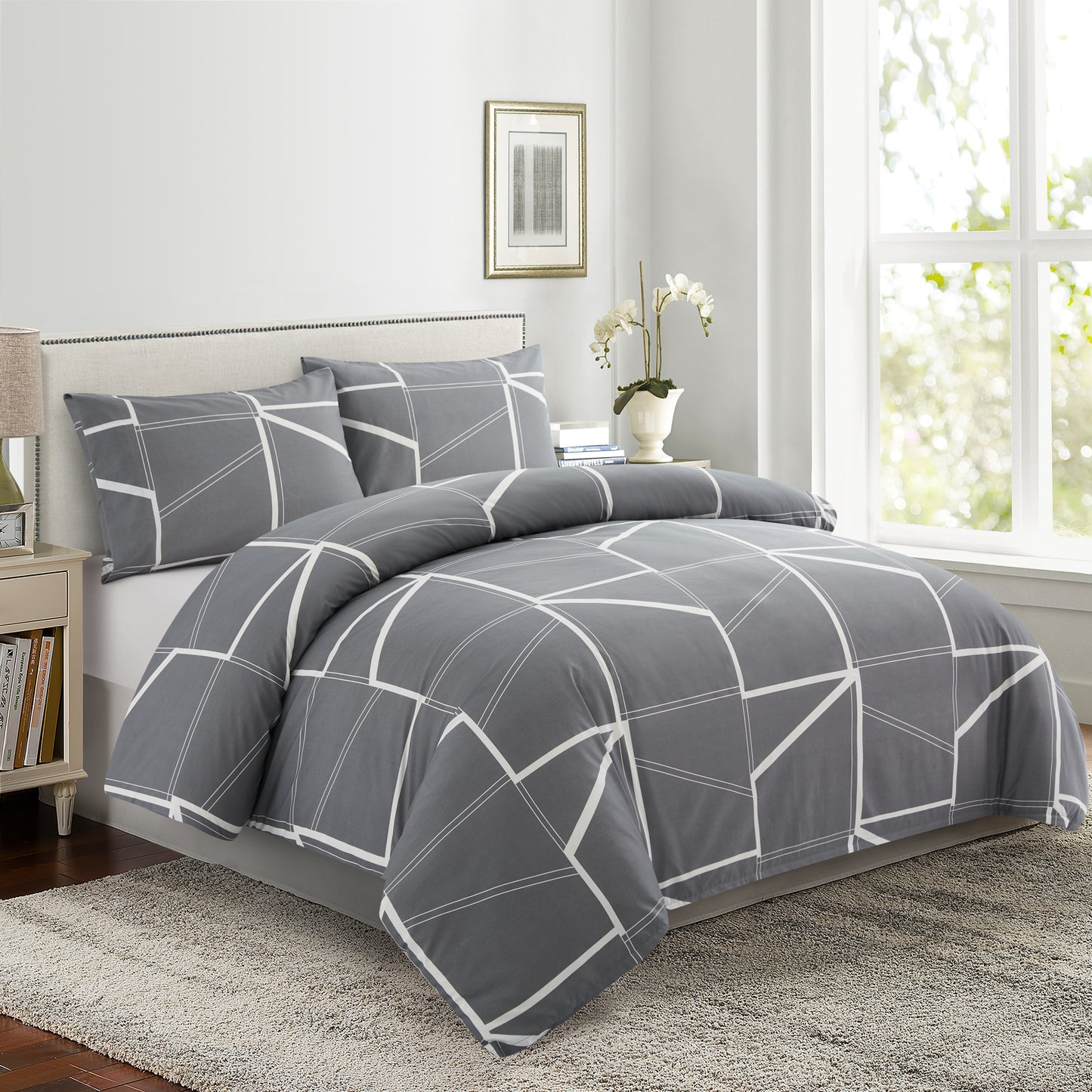 Printed Rayon from Bamboo Soft All Season Duvet Cover Fitted Sheet Ensemble Bedding Set with Zipper and Corner Tie, Grey Geometric