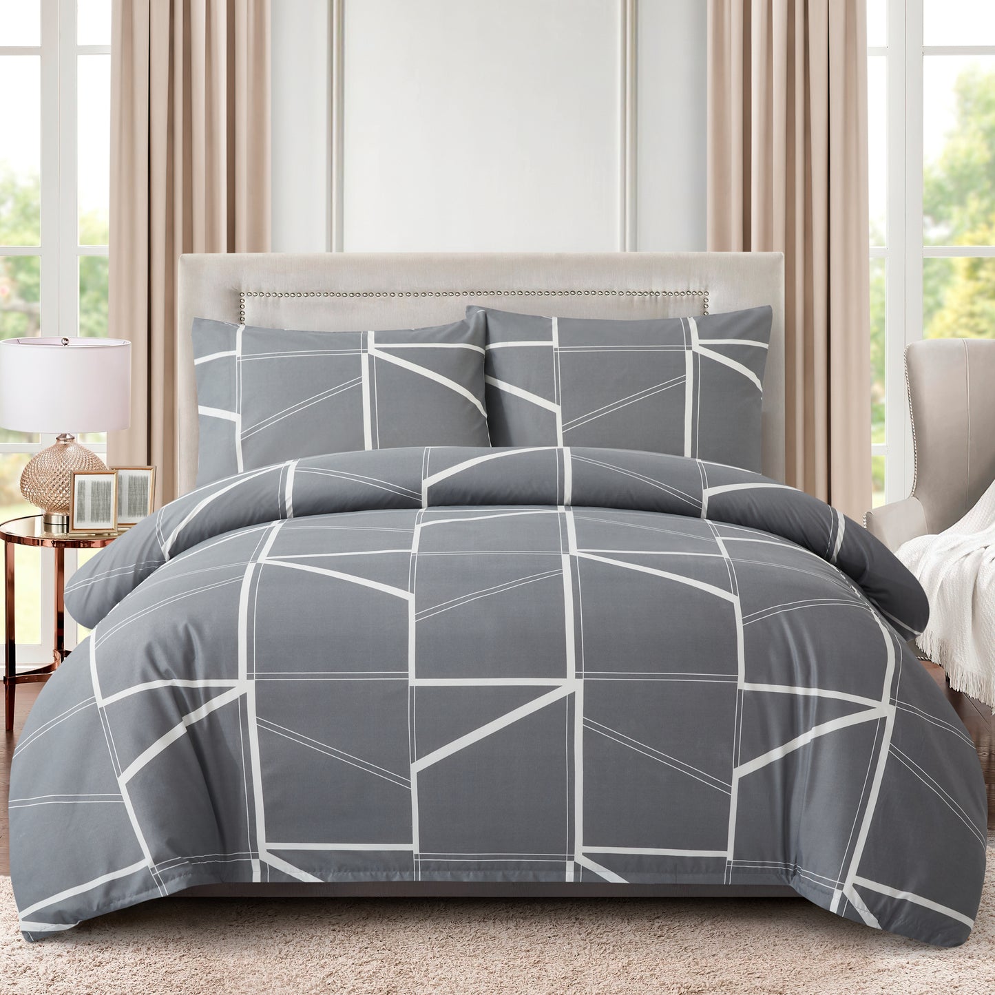 Printed Rayon from Bamboo Soft All Season Duvet Cover Fitted Sheet Ensemble Bedding Set with Zipper and Corner Tie, Grey Geometric