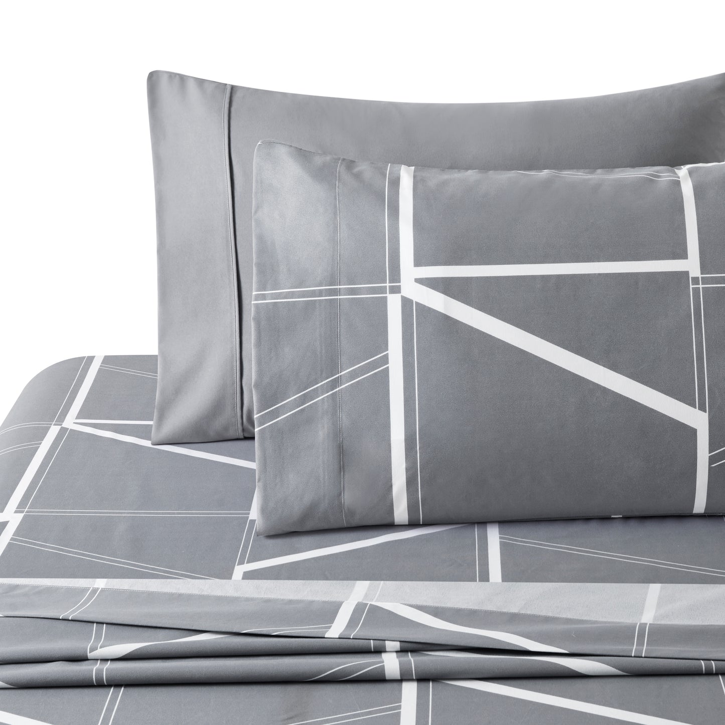 Printed Rayon from Bamboo Soft All Season Duvet Cover Fitted Sheet Ensemble Bedding Set with Zipper and Corner Tie, Grey Geometric