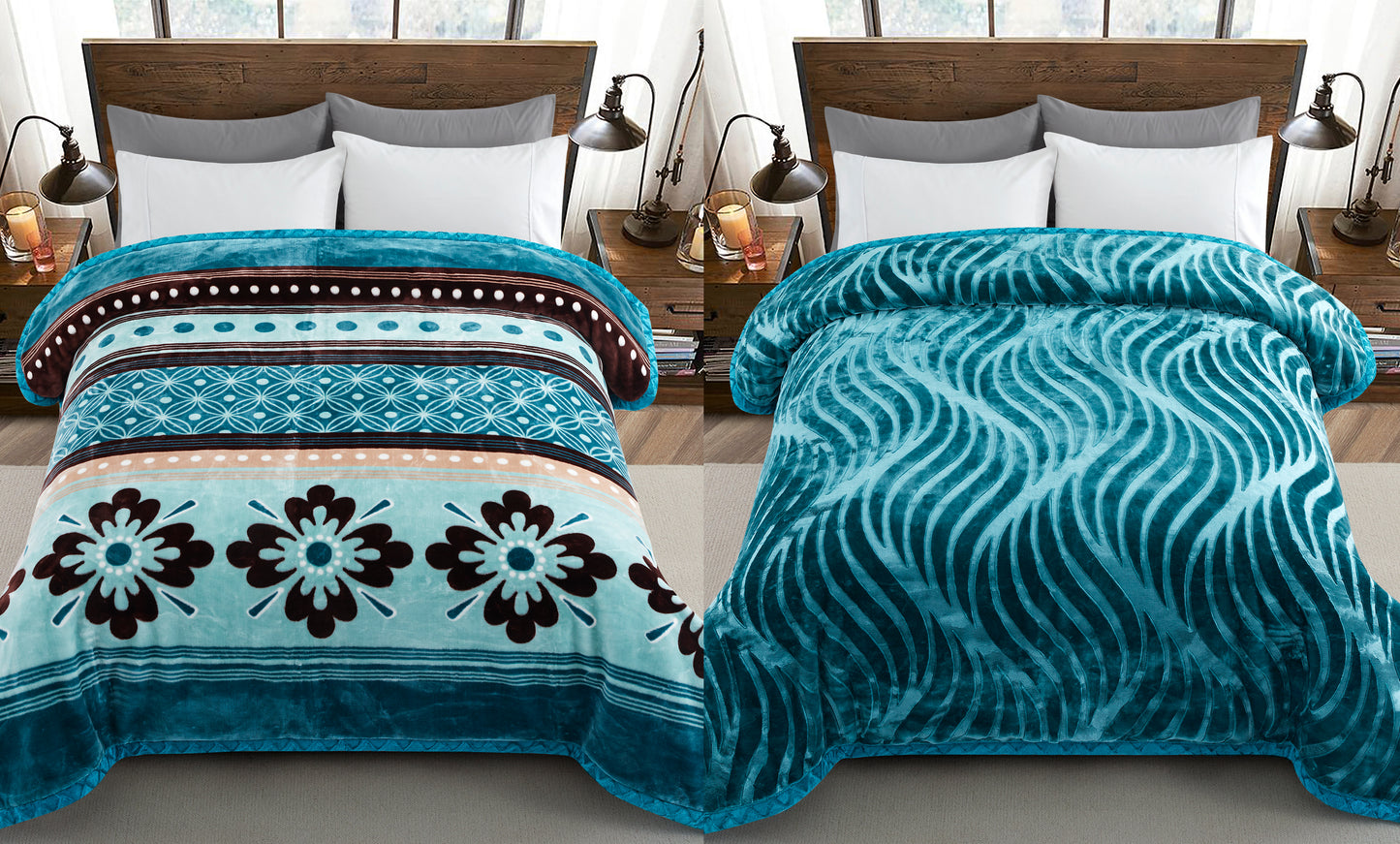Printed Reversible Woven Fluffy Plush Soft Warm Korean Style 2 Ply Flannel Fleece Throw Animal Mink Blanket, 86" x 94" Modern Floral
