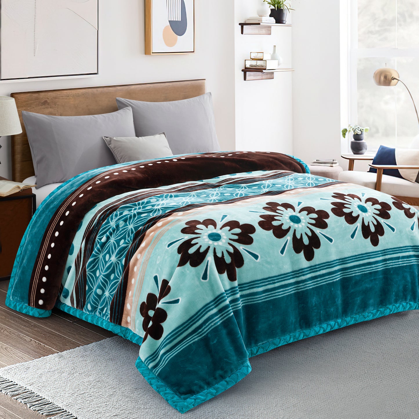 Printed Reversible Woven Fluffy Plush Soft Warm Korean Style 2 Ply Flannel Fleece Throw Animal Mink Blanket, 86" x 94" Modern Floral