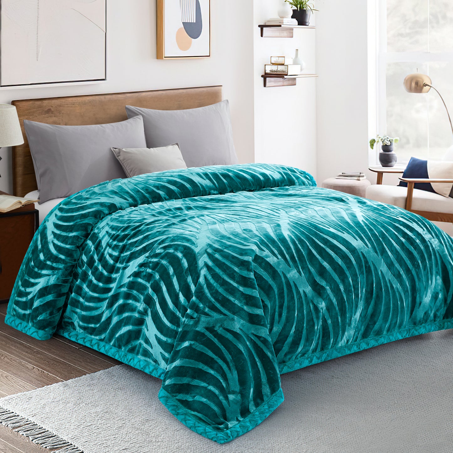Printed Reversible Woven Fluffy Plush Soft Warm Korean Style 2 Ply Flannel Fleece Throw Animal Mink Blanket, 86" x 94" Modern Floral