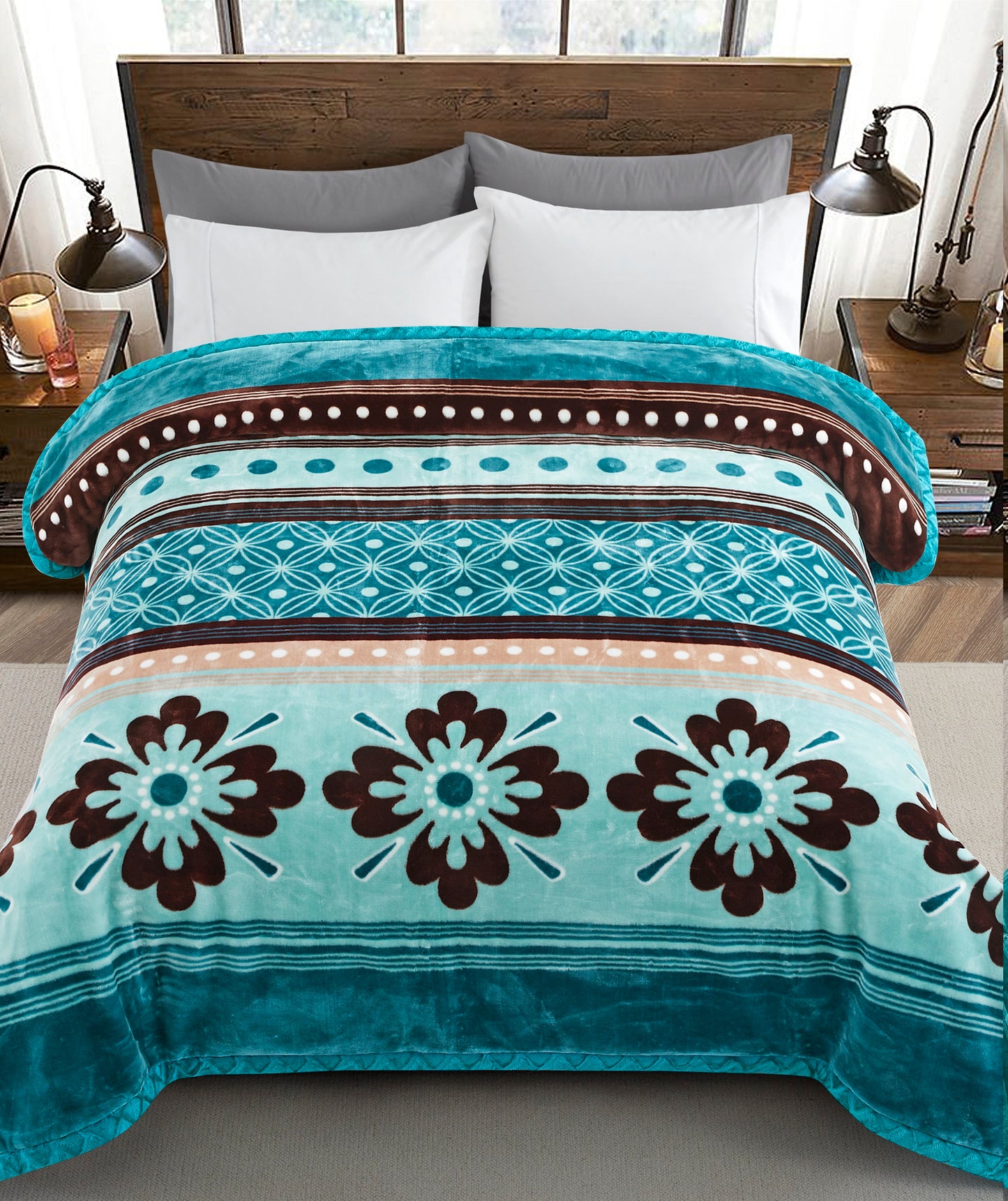 Printed Reversible Woven Fluffy Plush Soft Warm Korean Style 2 Ply Flannel Fleece Throw Animal Mink Blanket, 86" x 94" Modern Floral