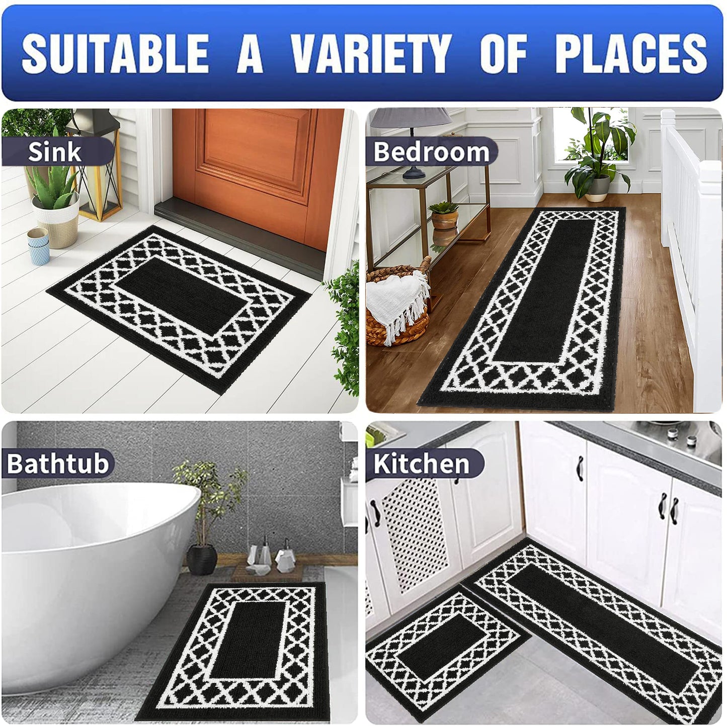 Decor Non-Slip Back Soft Runner Area Carpet Floor Area Rug Indoor Accent Decorative Mat, Moroccan Trellis Black