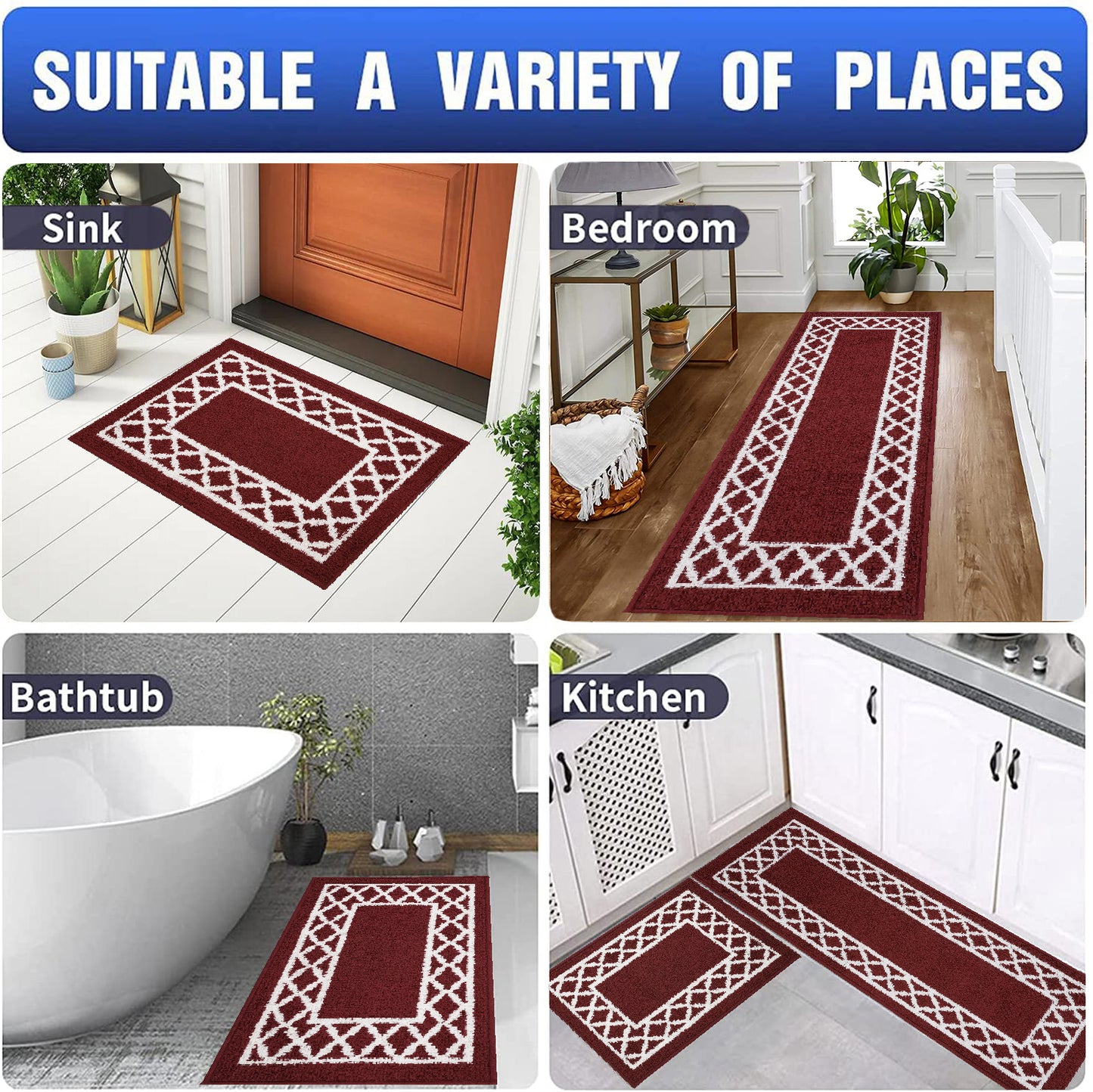 Decor Non-Slip Back Soft Runner Area Carpet Floor Area Rug Indoor Accent Decorative Mat, Moroccan Trellis Burgundy