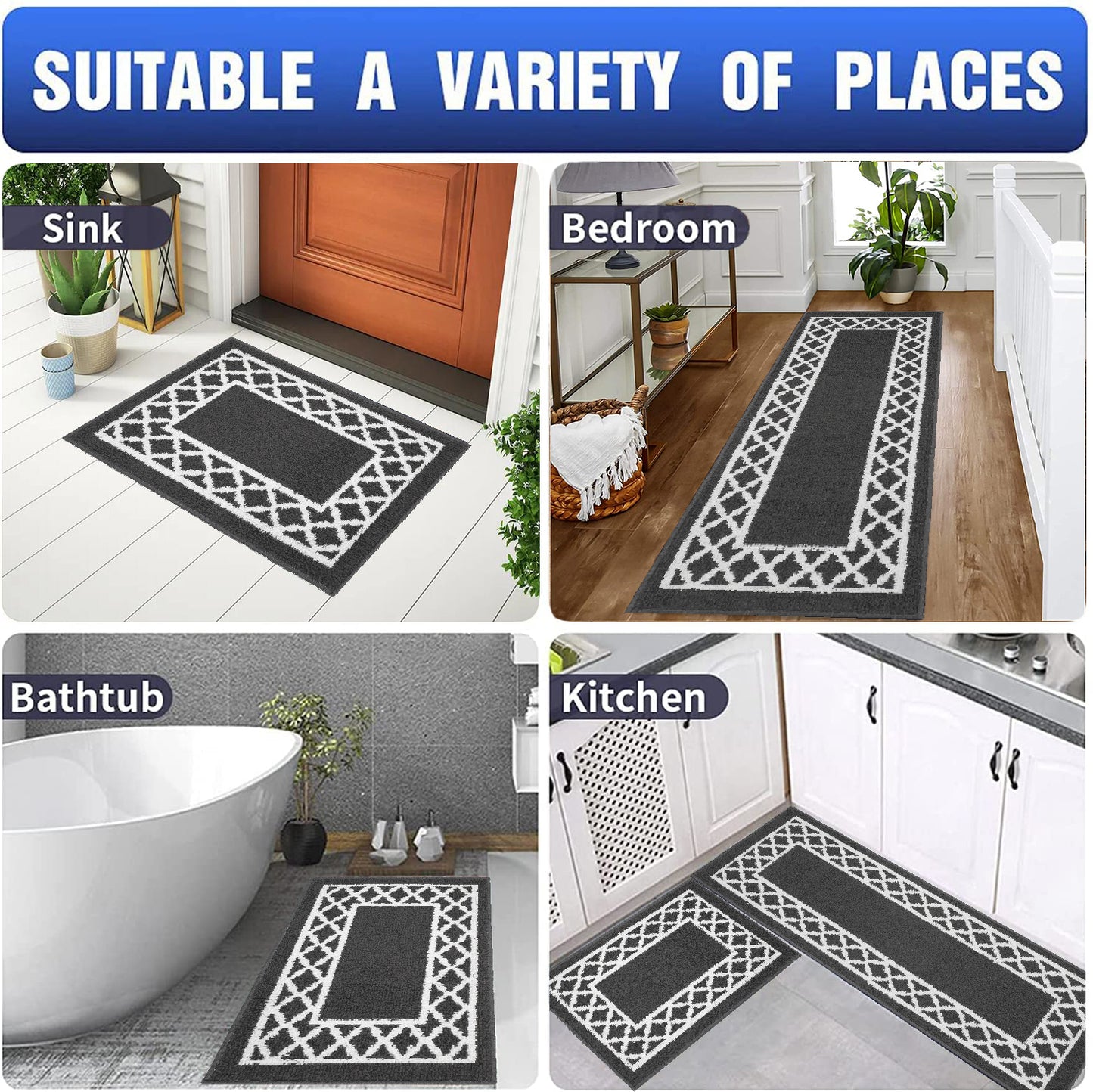 Decor Non-Slip Back Soft Runner Area Carpet Floor Area Rug Indoor Accent Decorative Mat, Moroccan Trellis Grey