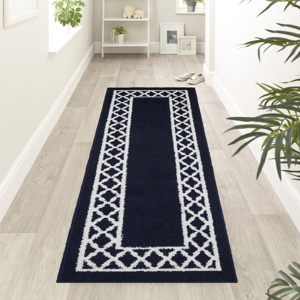 Decor Non-Slip Back Soft Runner Area Carpet Floor Area Rug Indoor Accent Decorative Mat, Moroccan Trellis Navy Blue