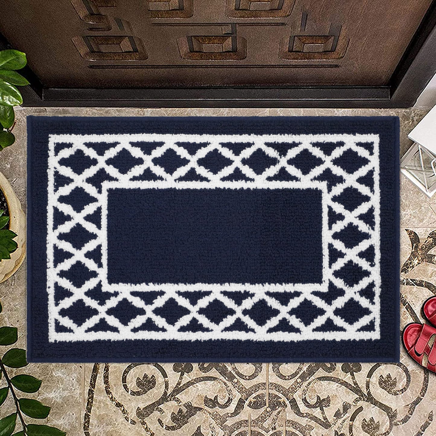 Decor Non-Slip Back Soft Runner Area Carpet Floor Area Rug Indoor Accent Decorative Mat, Moroccan Trellis Navy Blue