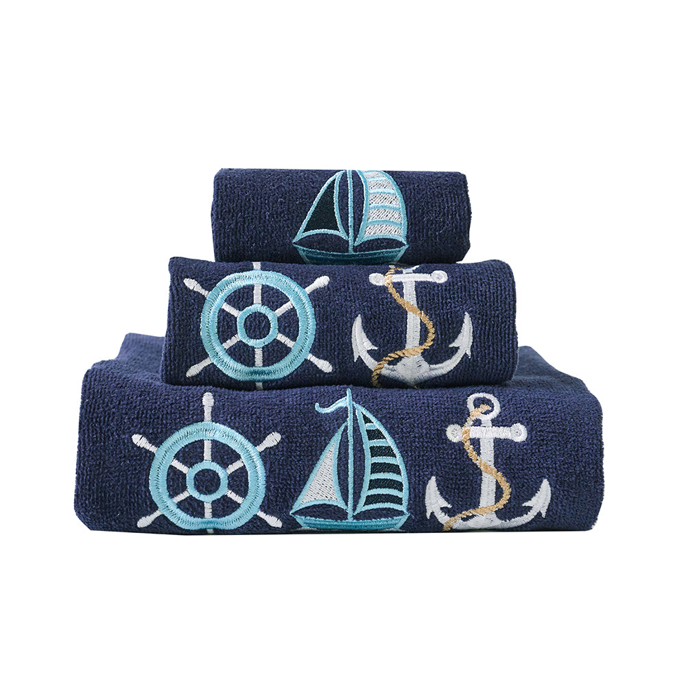 Premium Luxury Decor 100% Cotton Soft Bathroom Modern 3 Piece Embroidered Towel Set, Nautical Sailing with Navy Blue Base