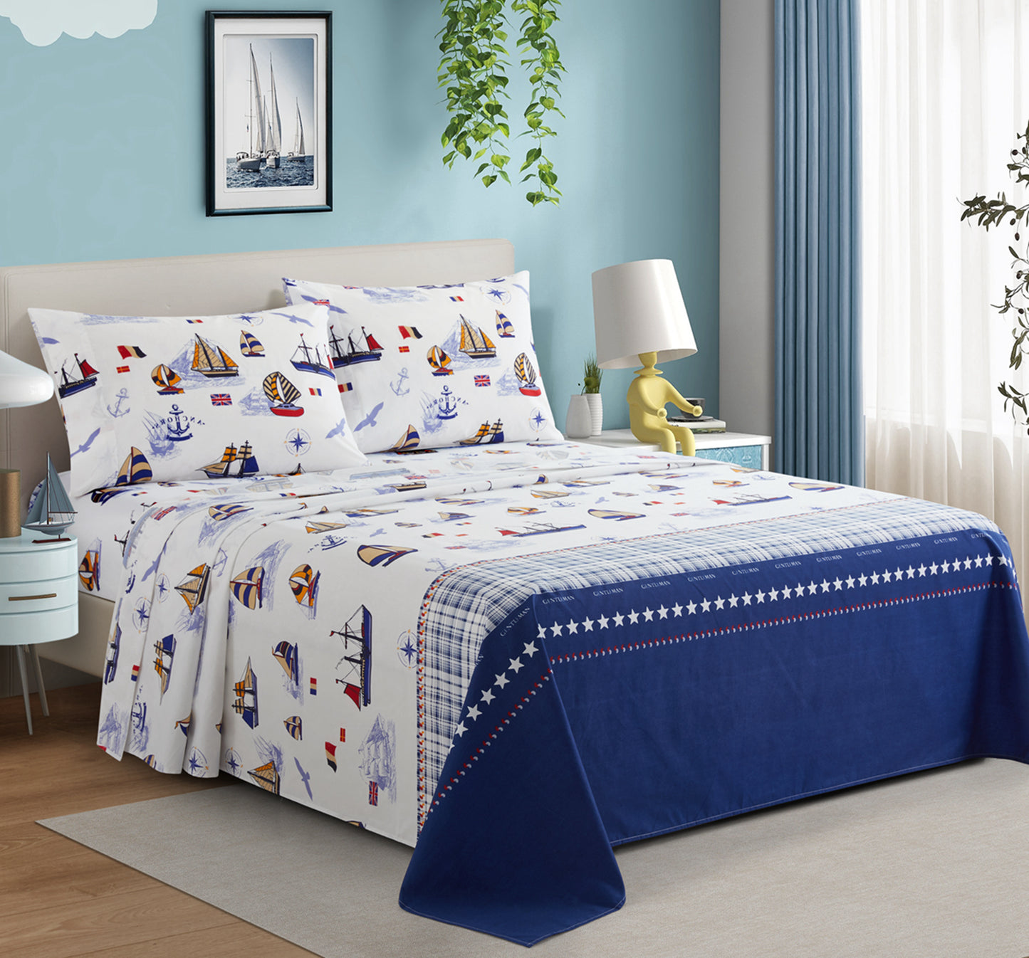Kids Boys Toddlers Printed 600 Thread Count Soft Deep Pocket Cotton Percale All Season Bedding Sheet Set, Nautical Sailing Boat