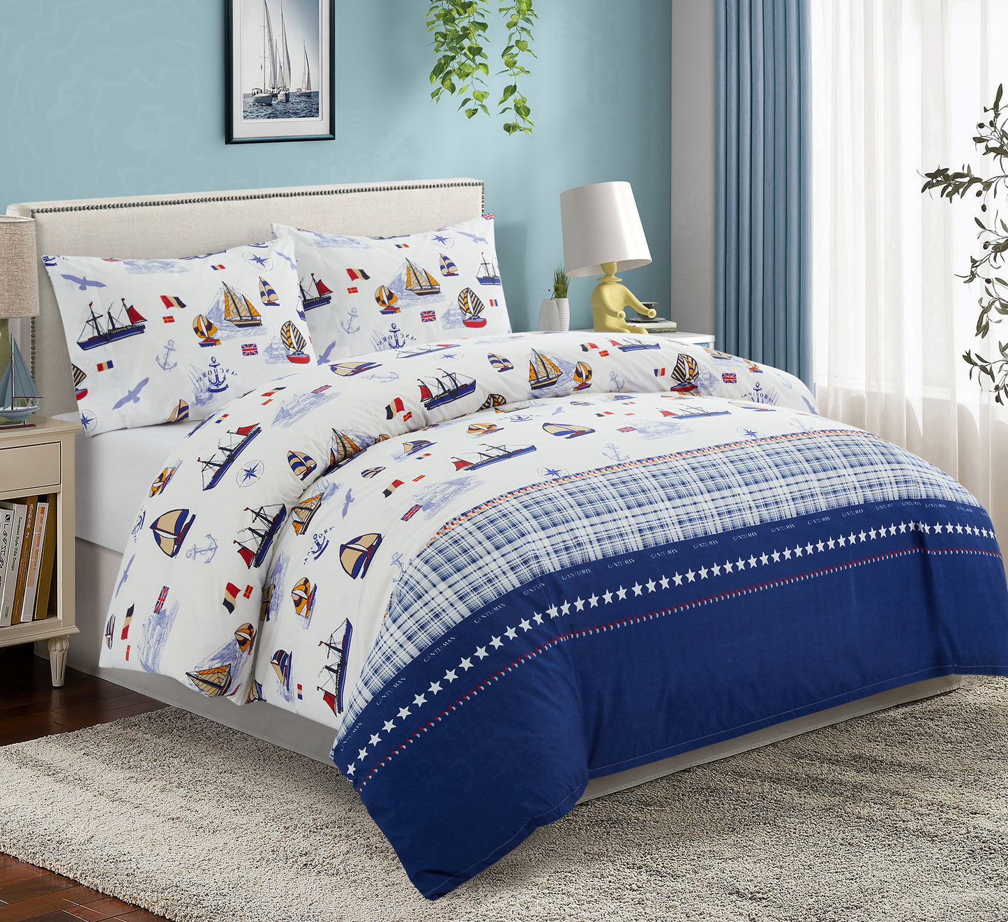 Kids Boys Printed 600 Thread Count Soft Cotton Percale Duvet Cover Set with Corner Tie and Zipper, Nautical Sailing Boat