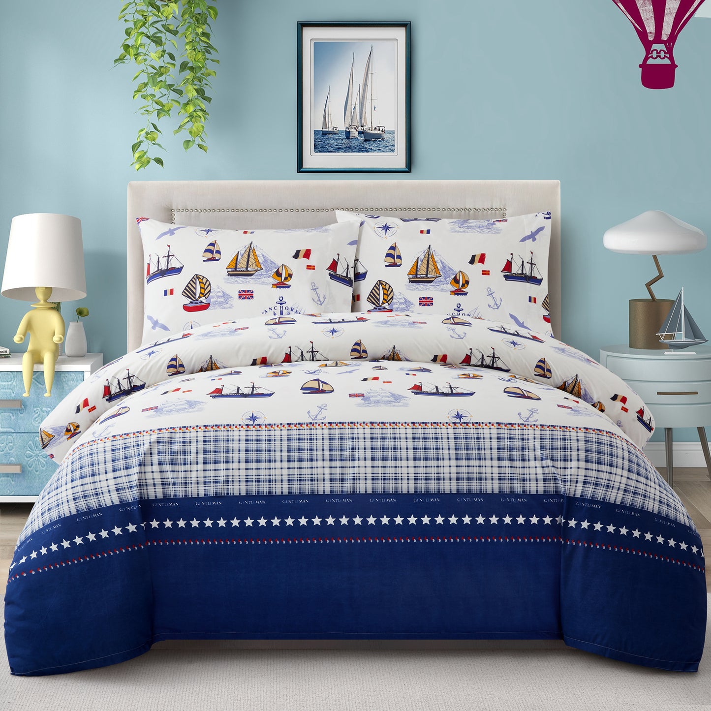 Kids Boys Printed 600 Thread Count Soft Cotton Percale Duvet Cover Set with Corner Tie and Zipper, Nautical Sailing Boat