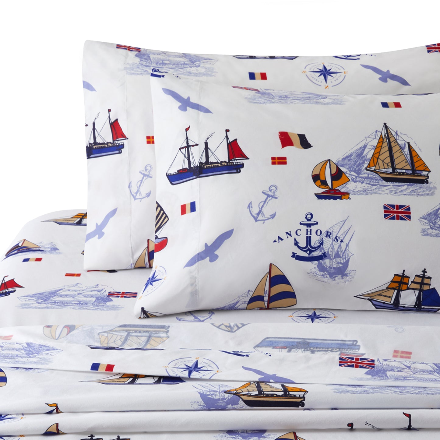 Kids Boys Printed 600 Thread Count Soft Cotton Percale Duvet Cover Set with Corner Tie and Zipper, Nautical Sailing Boat