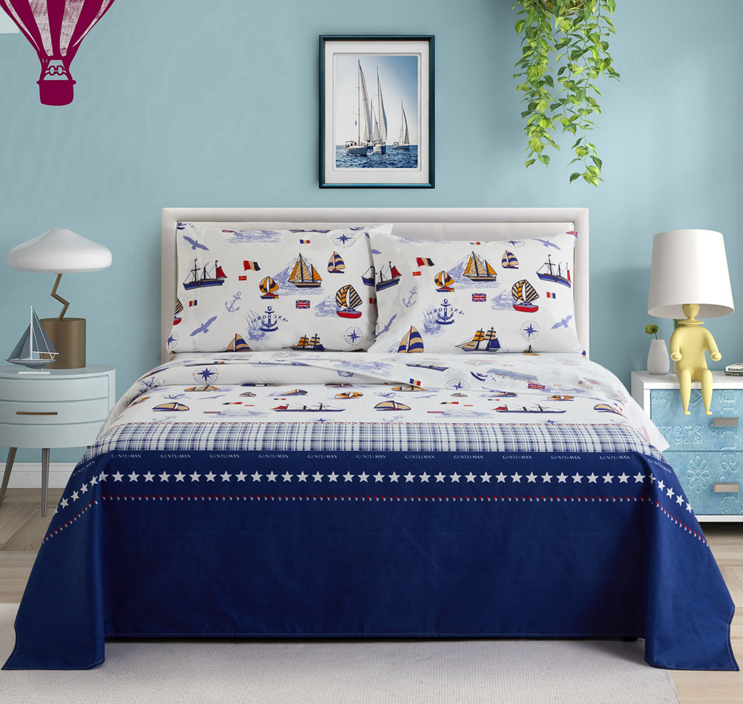 Kids Boys Toddlers Printed 600 Thread Count Soft Deep Pocket Cotton Percale All Season Bedding Sheet Set, Nautical Sailing Boat