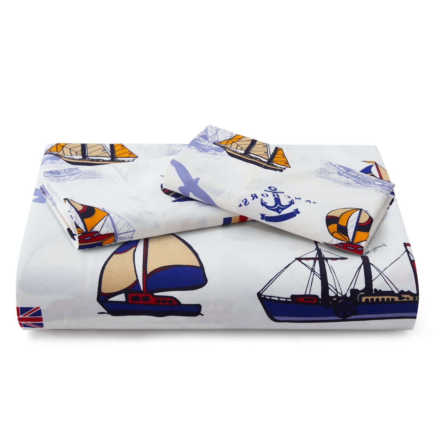 Kids Boys Printed 600 Thread Count Soft Cotton Percale Duvet Cover Set with Corner Tie and Zipper, Nautical Sailing Boat