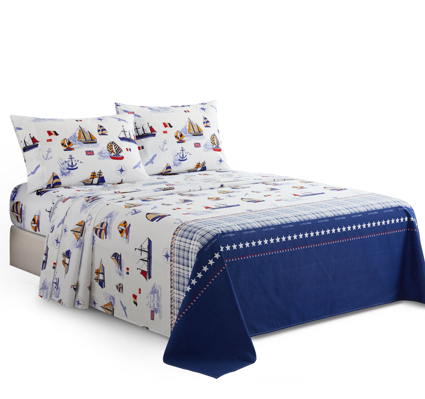 Kids Boys Toddlers Printed 600 Thread Count Soft Deep Pocket Cotton Percale All Season Bedding Sheet Set, Nautical Sailing Boat