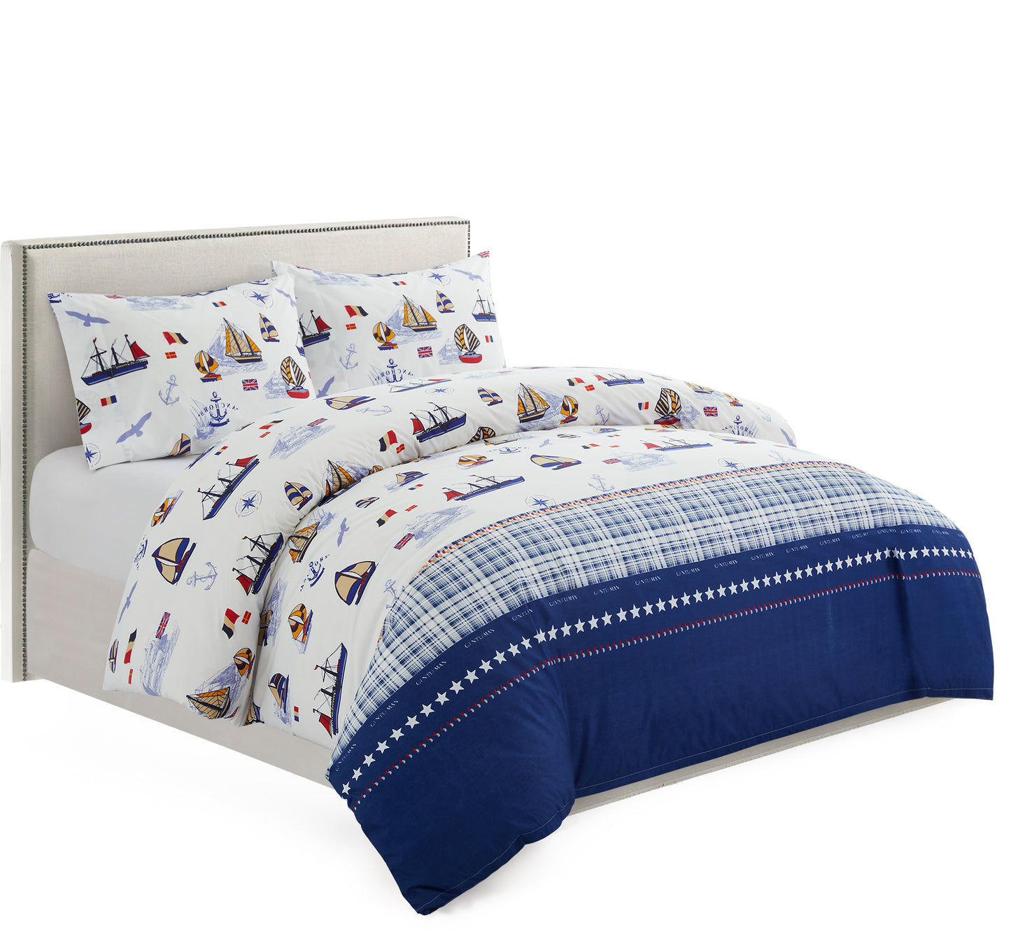 Kids Boys Printed 600 Thread Count Soft Cotton Percale Duvet Cover Set with Corner Tie and Zipper, Nautical Sailing Boat