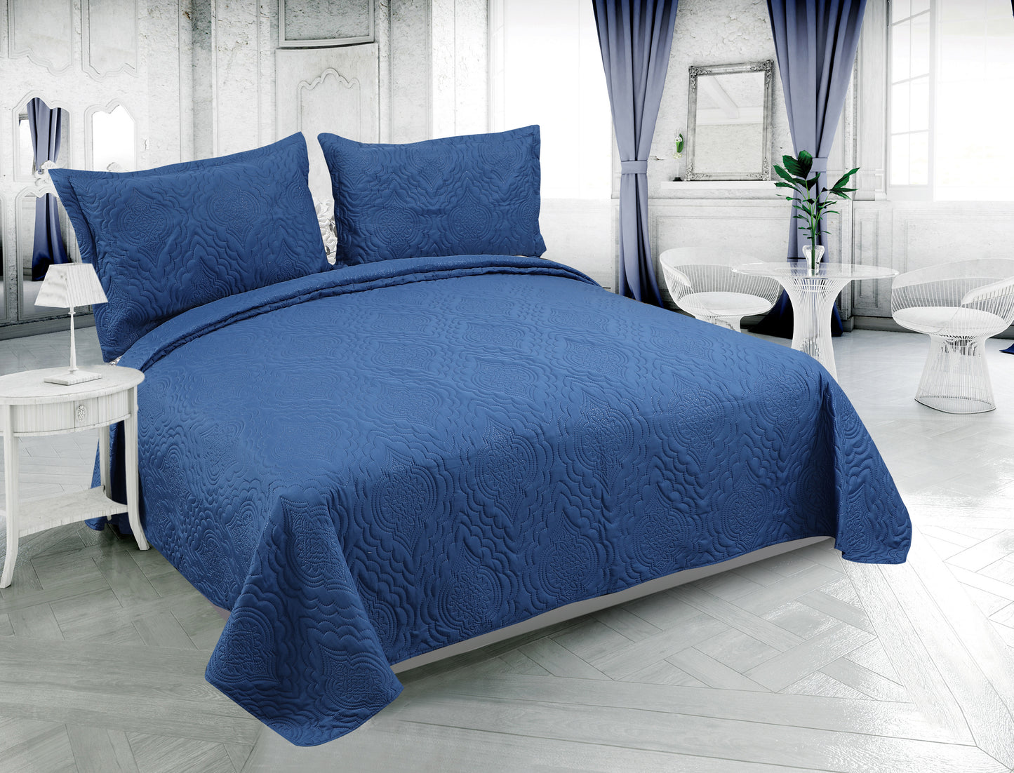 Embossed Pinsonic Solid Bedding Soft Summer Quilt Set, Navy Blue Color