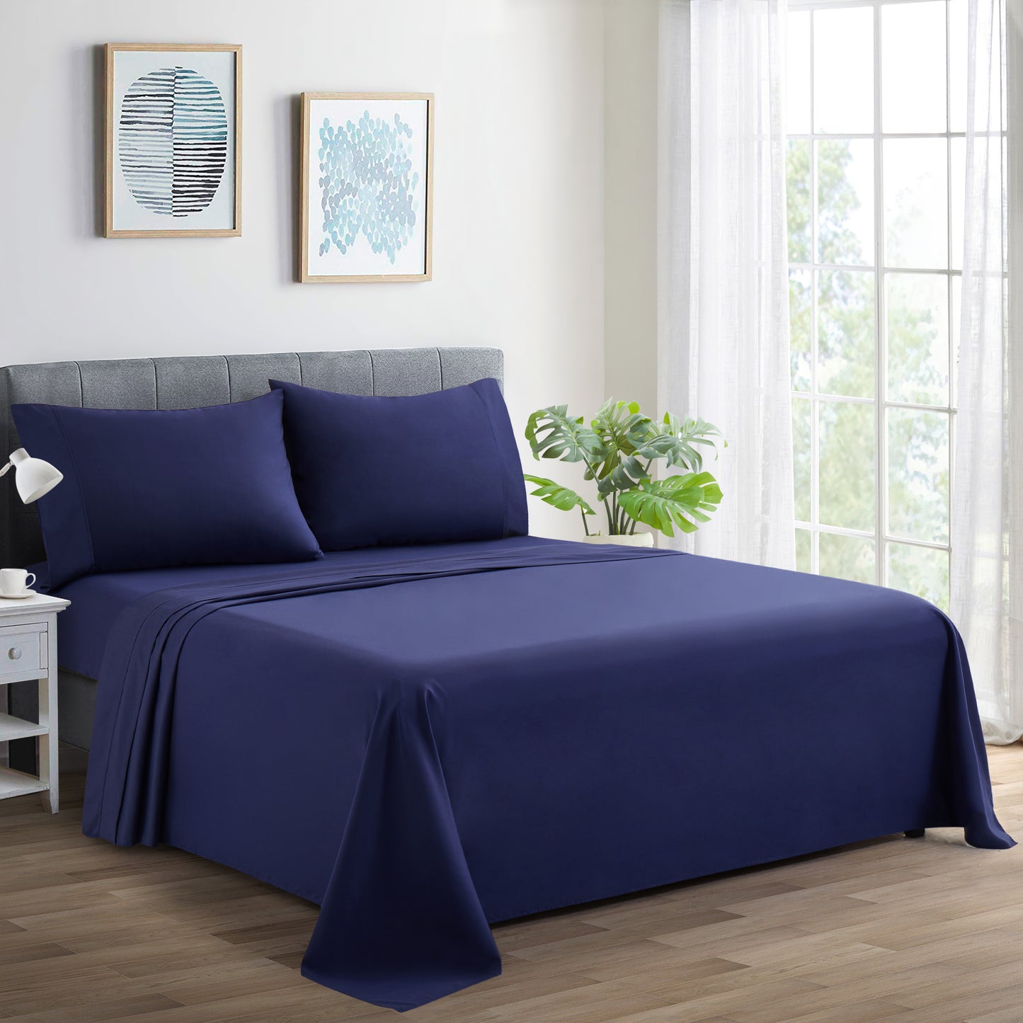 600 Thread Count Cotton Percale Soft Deep Pocket Solid Bedding All Season Sheet Set, Navy Blue