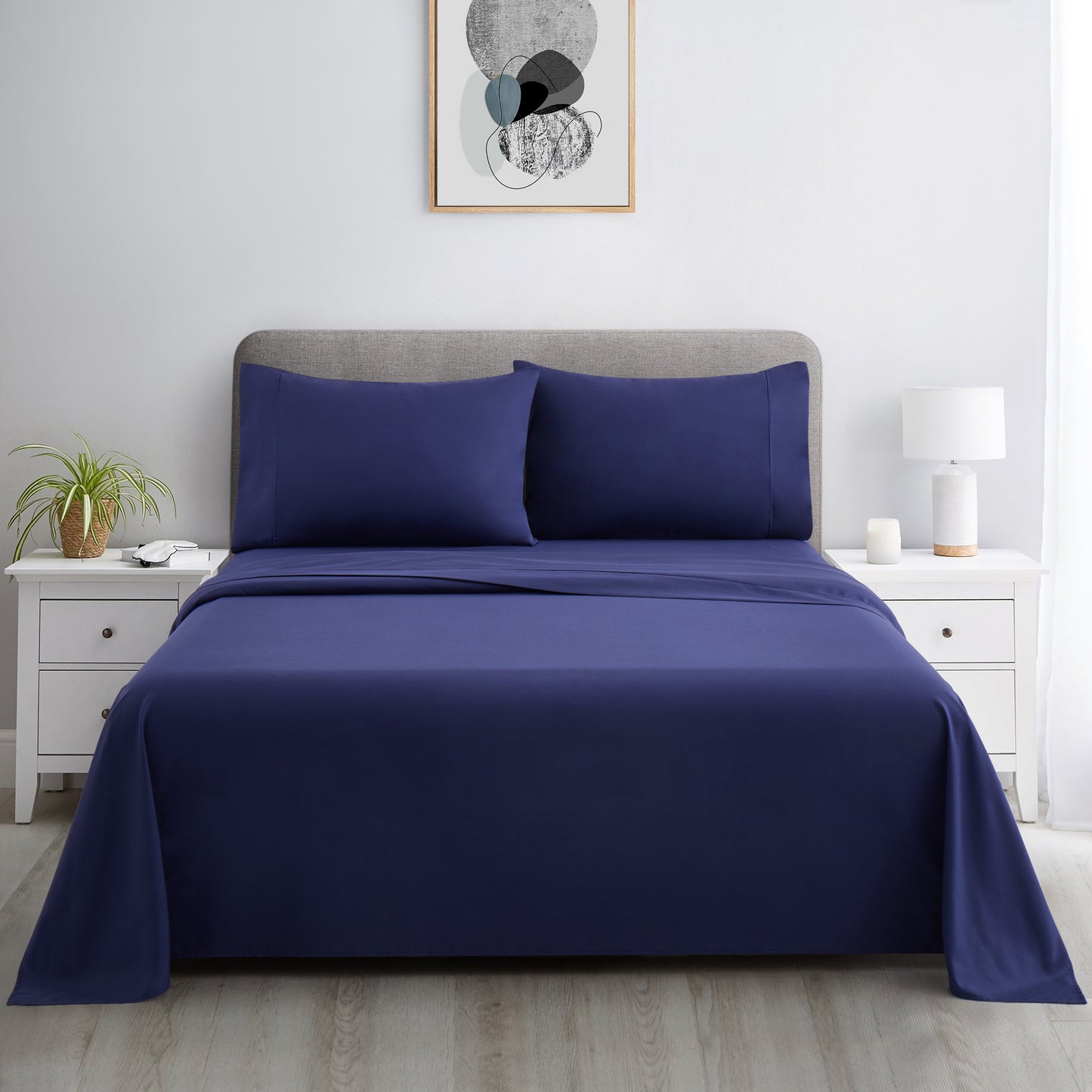 600 Thread Count Cotton Percale Soft Deep Pocket Solid Bedding All Season Sheet Set, Navy Blue