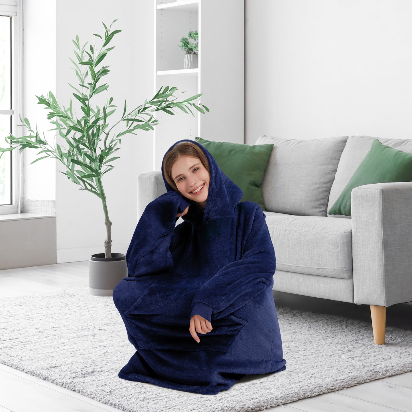 Wearable Hoodie Blanket with Sleeves and Giant Pocket Plush Hooded Sweatshirt for Adults Light Pink Color