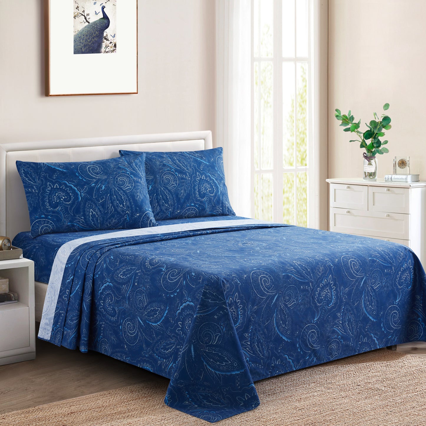Printed Cotton Blend Percale 600 Thread Count Soft Deep Pocket All Season Bedding Sheet Set, Navy Blue Paisley Pattern