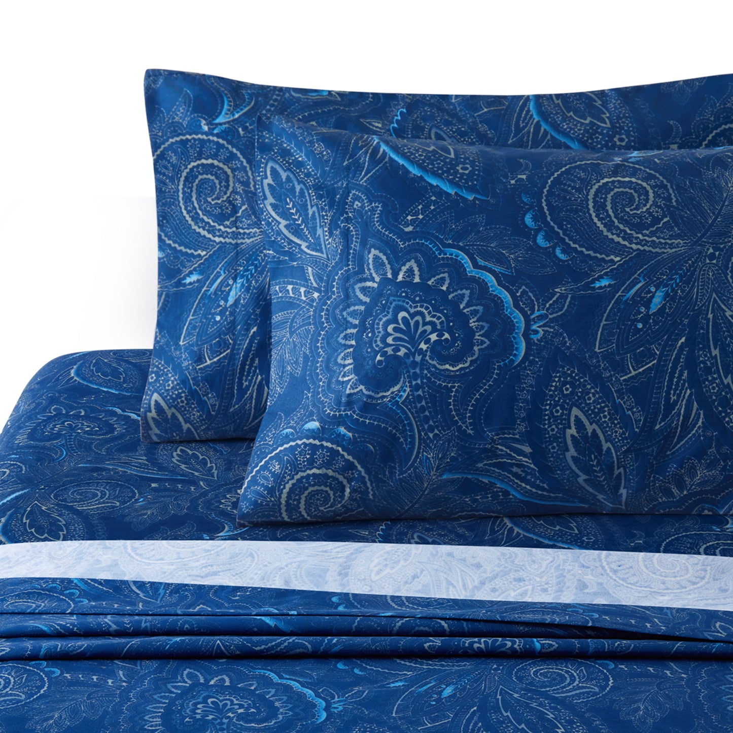 Printed Cotton Blend Percale 600 Thread Count Soft Deep Pocket All Season Bedding Sheet Set, Navy Blue Paisley Pattern