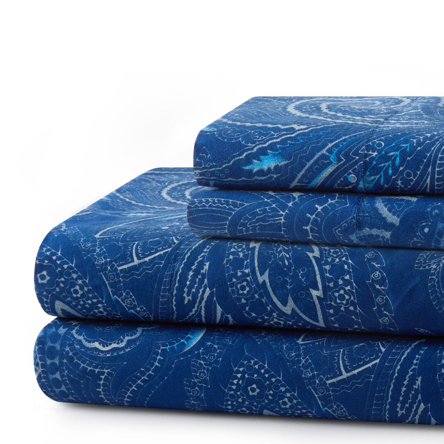 Printed Cotton Blend Percale 600 Thread Count Soft Deep Pocket All Season Bedding Sheet Set, Navy Blue Paisley Pattern
