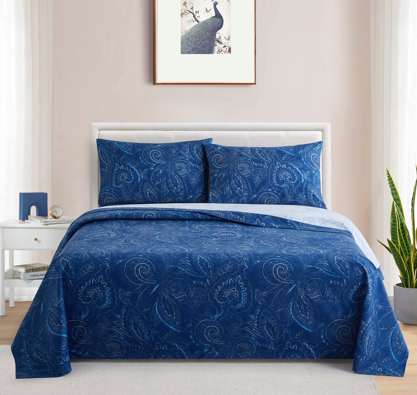 Printed Cotton Blend Percale 600 Thread Count Soft Deep Pocket All Season Bedding Sheet Set, Navy Blue Paisley Pattern