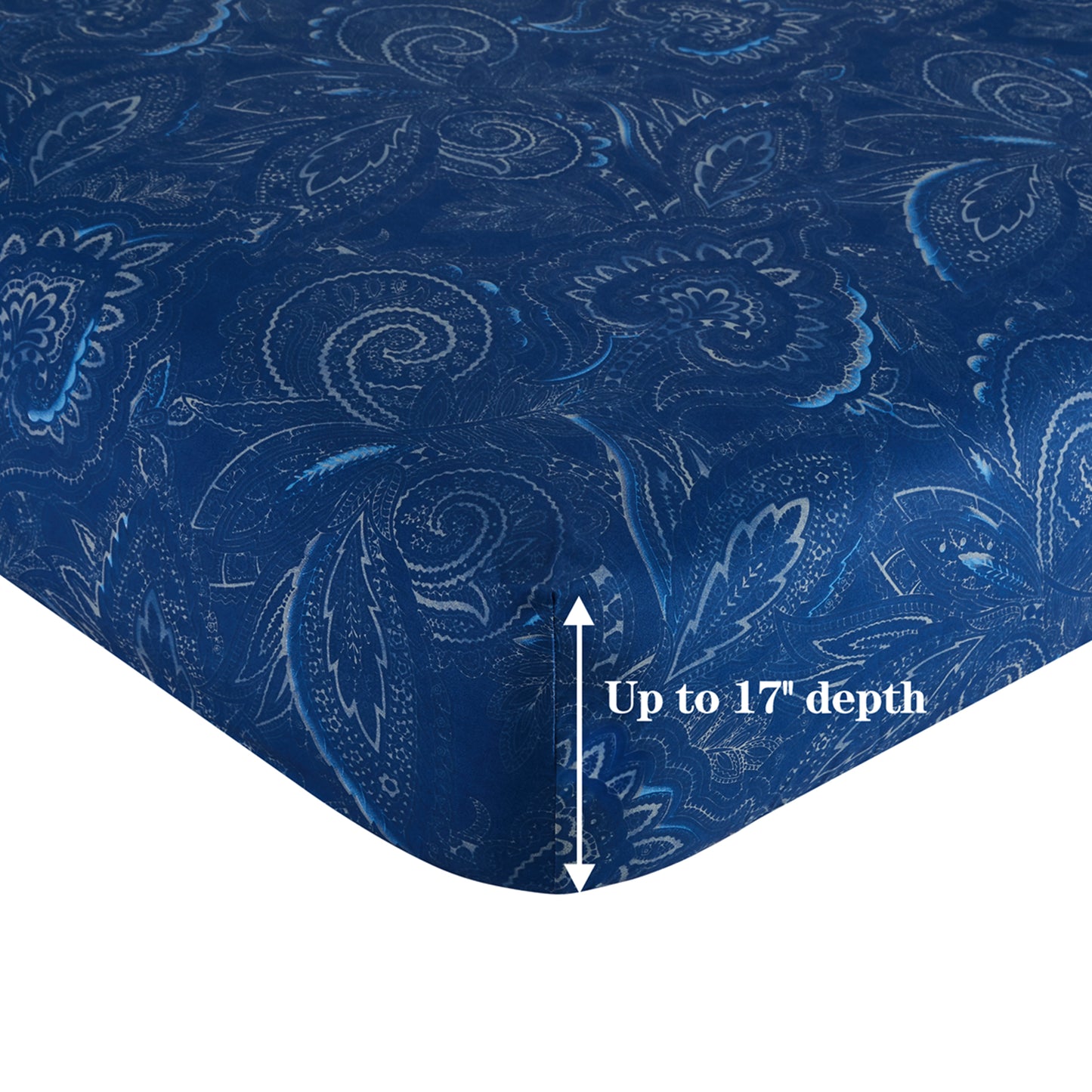 Printed Cotton Blend Percale 600 Thread Count Soft Deep Pocket All Season Bedding Sheet Set, Navy Blue Paisley Pattern
