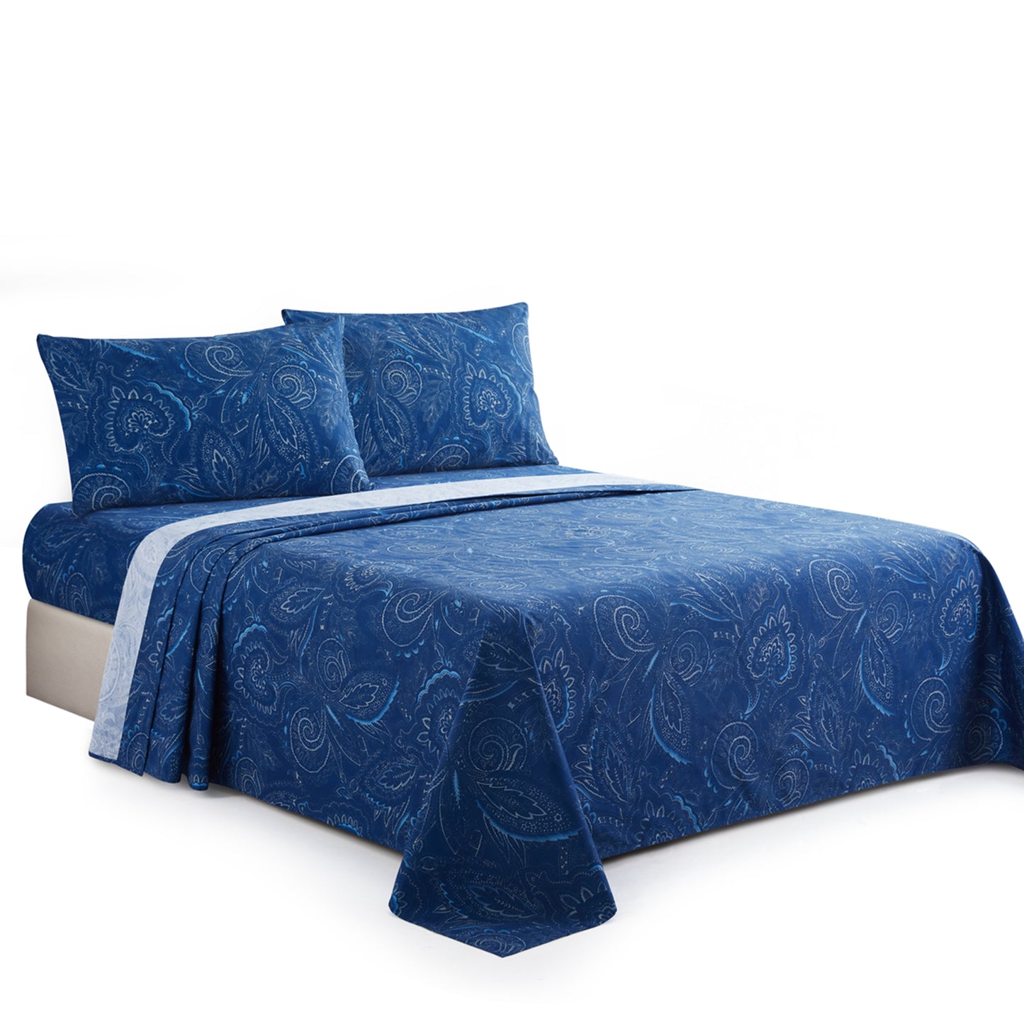 Printed Cotton Blend Percale 600 Thread Count Soft Deep Pocket All Season Bedding Sheet Set, Navy Blue Paisley Pattern