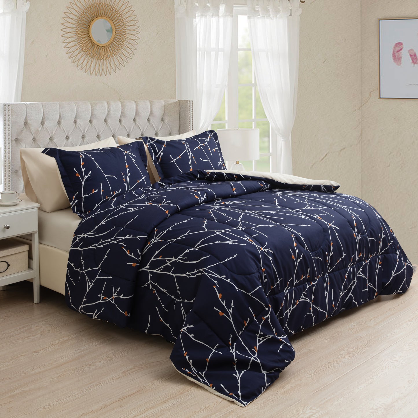 Printed Bed in a Bag Soft Luxury Fluffy Goose Down Alternative Comforter and Sheet Set, Modern Navy Blue Branches Pattern