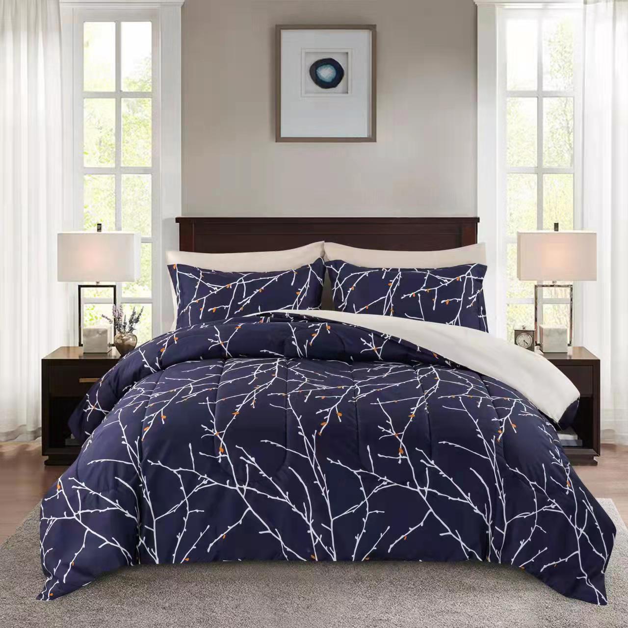 Printed Bed in a Bag Soft Luxury Fluffy Goose Down Alternative Comforter and Sheet Set, Modern Navy Blue Branches Pattern