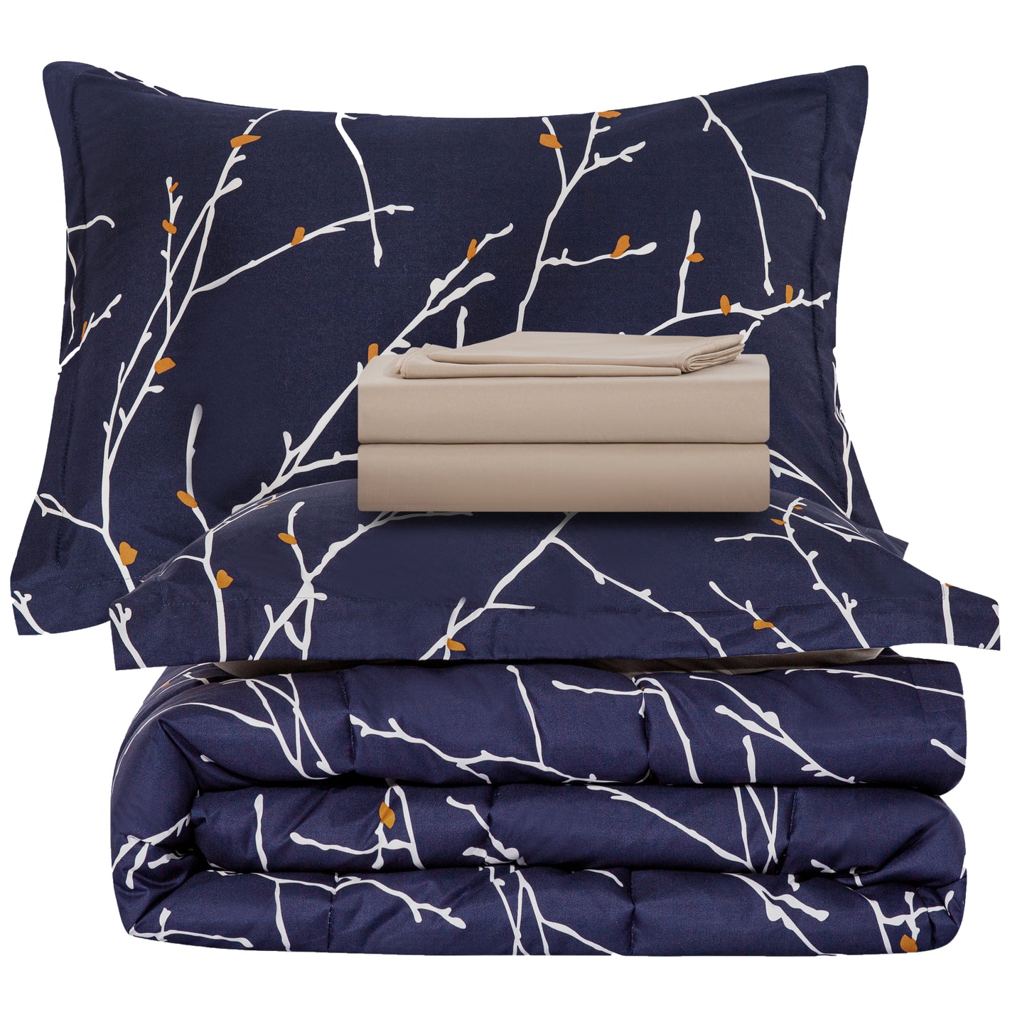 Printed Bed in a Bag Soft Luxury Fluffy Goose Down Alternative Comforter and Sheet Set, Modern Navy Blue Branches Pattern
