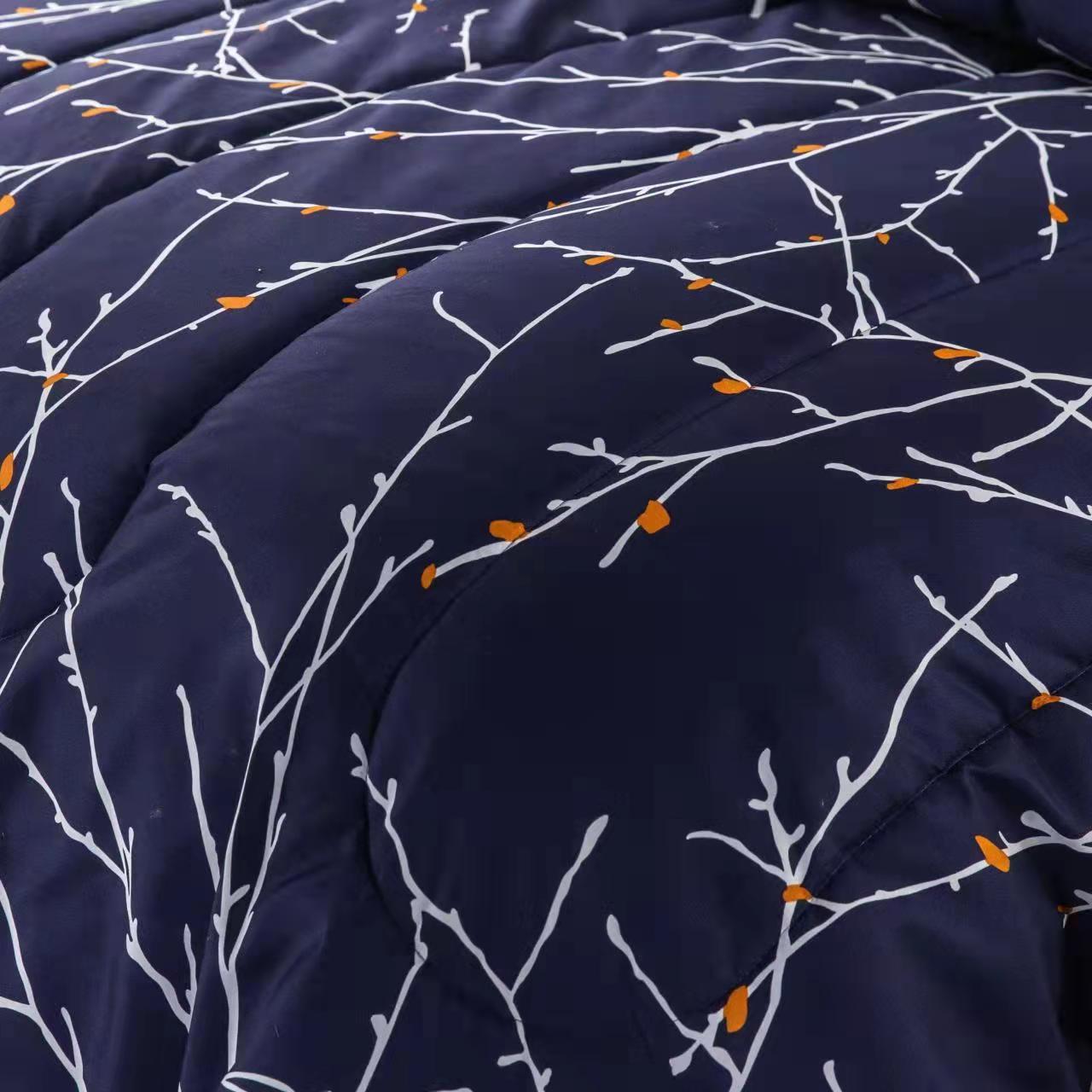 Printed Bed in a Bag Soft Luxury Fluffy Goose Down Alternative Comforter and Sheet Set, Modern Navy Blue Branches Pattern