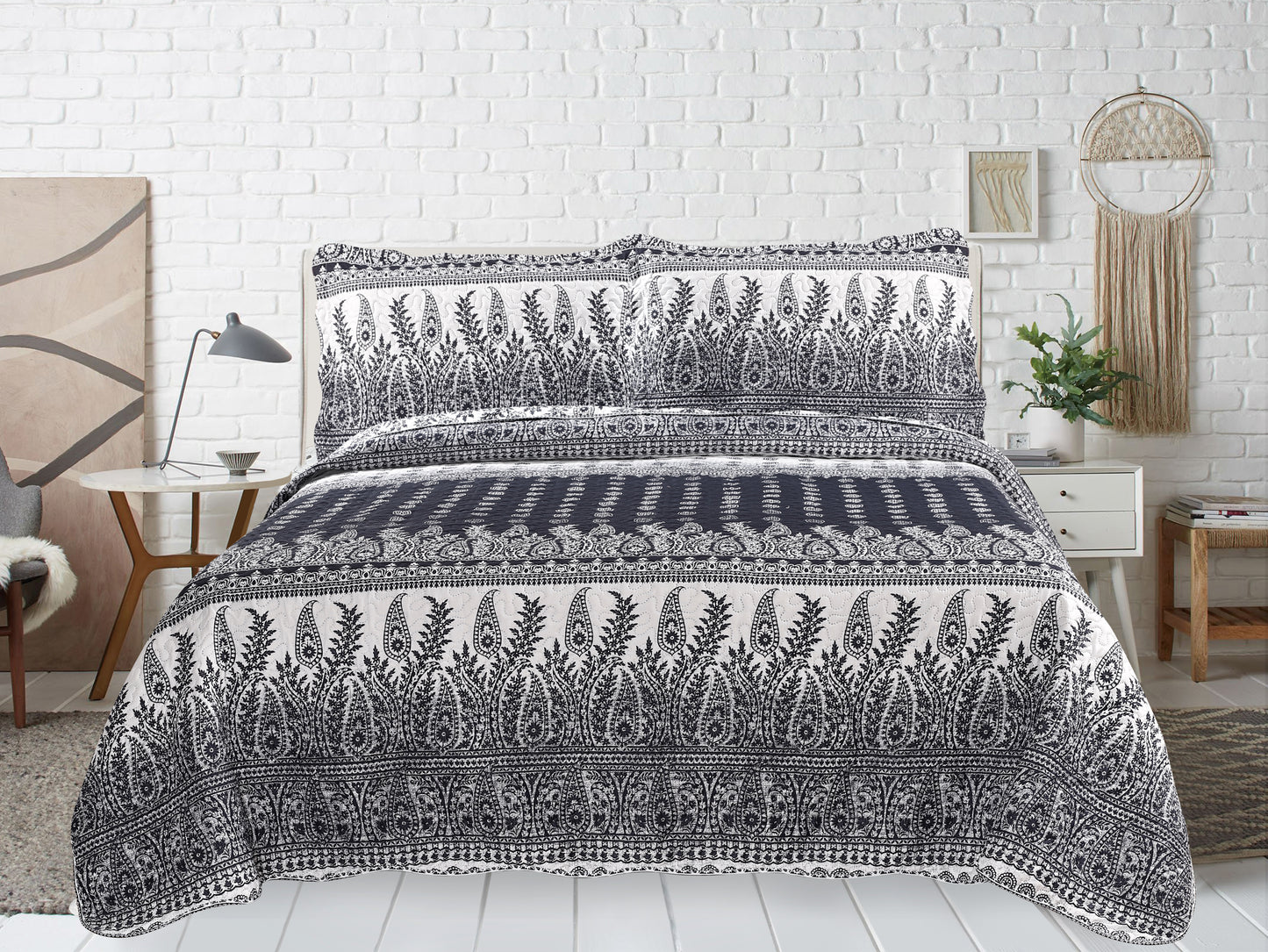 Printed Embossed Pinsonic Soft Bedding Summer Quilt Set, Navy Branches Paisley