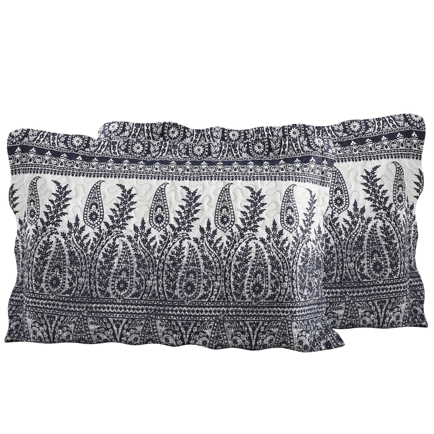 Printed Embossed Pinsonic Soft Bedding Summer Quilt Set, Navy Branches Paisley