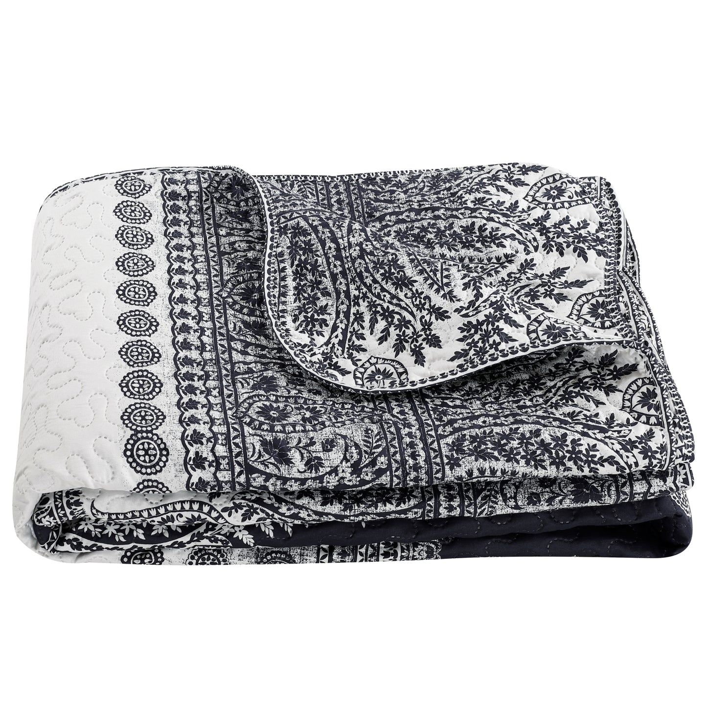 Printed Embossed Pinsonic Soft Bedding Summer Quilt Set, Navy Branches Paisley