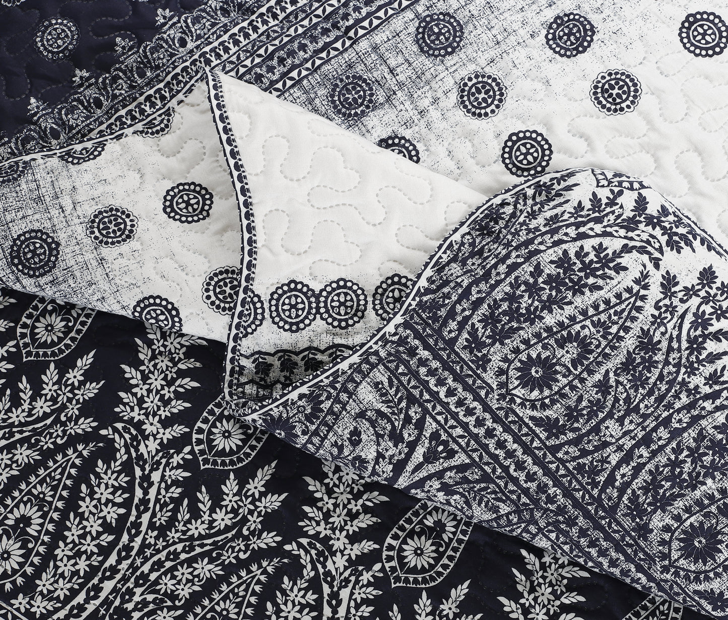 Printed Embossed Pinsonic Soft Bedding Summer Quilt Set, Navy Branches Paisley