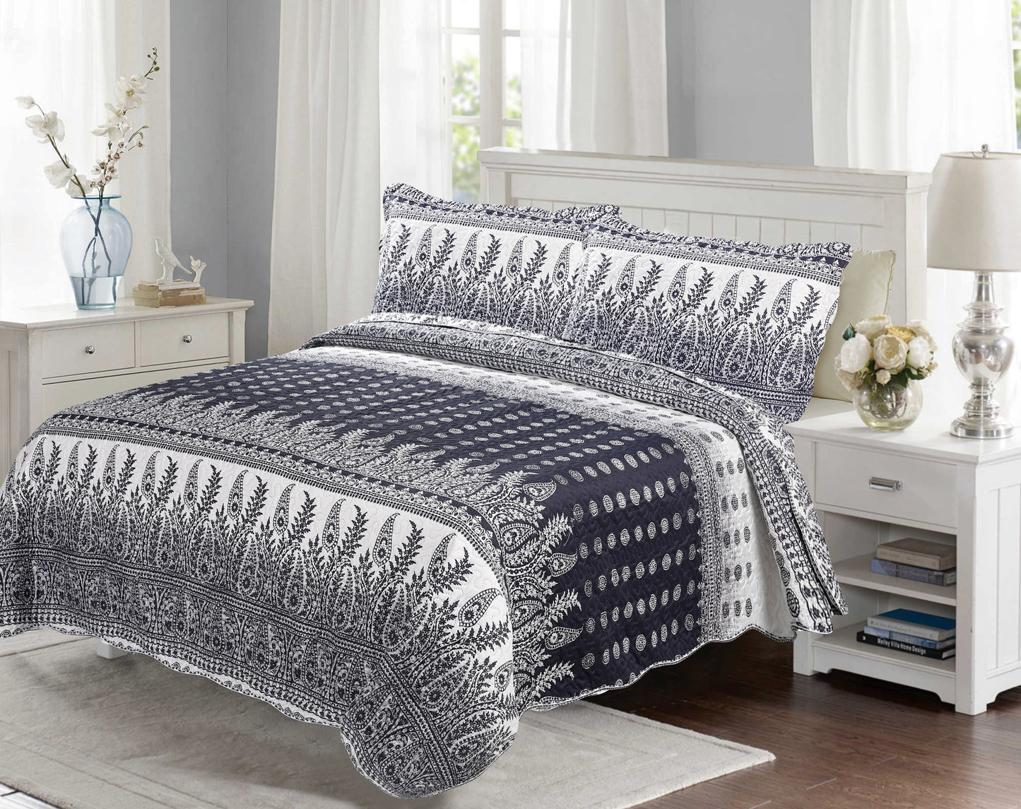 Printed Embossed Pinsonic Soft Bedding Summer Quilt Set, Navy Branches Paisley