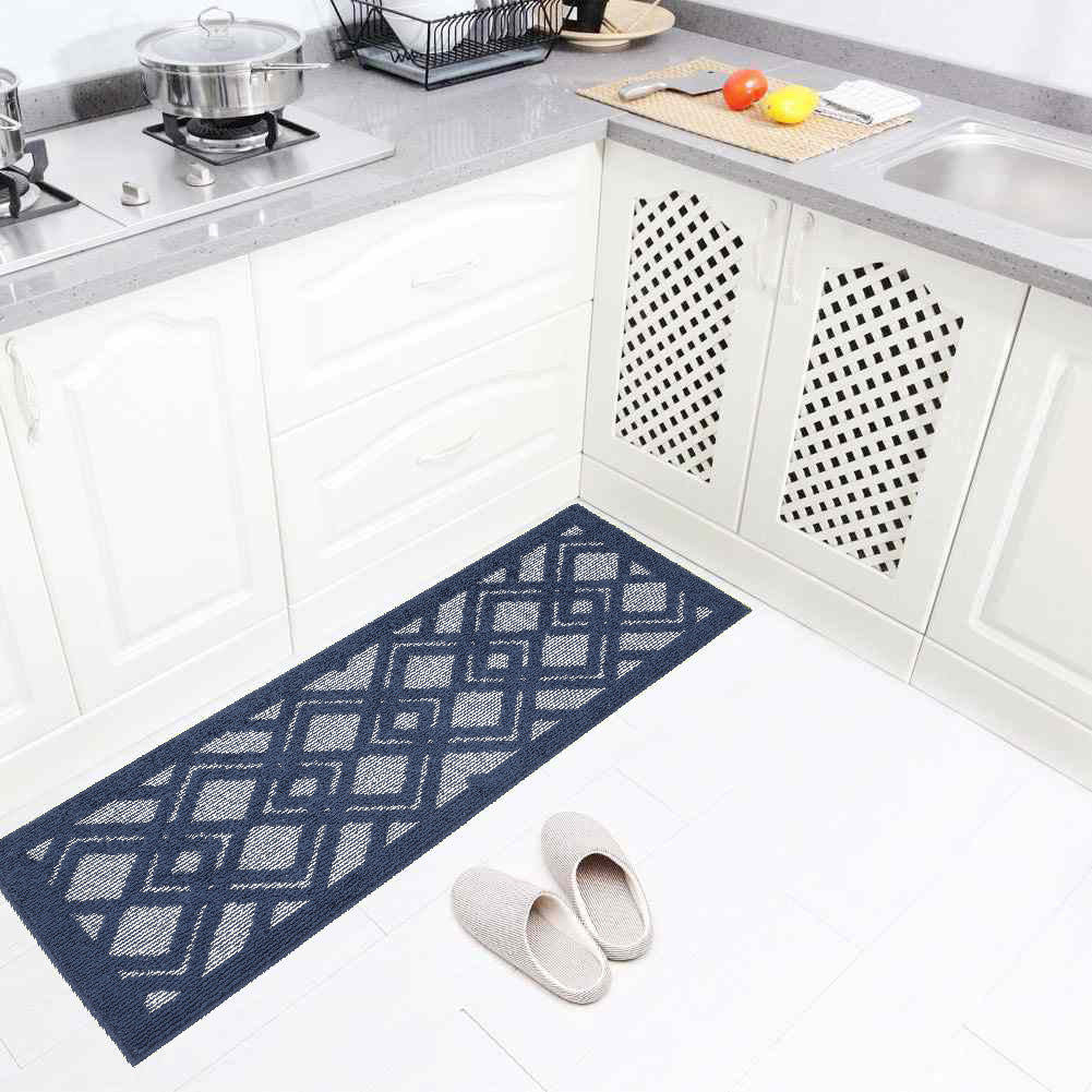 Decor Non-Slip Back Water Absorbent Soft Woven Runner Area Carpet Floor Mat Indoor Kitchen Rug, Navy Blue Geometric Design