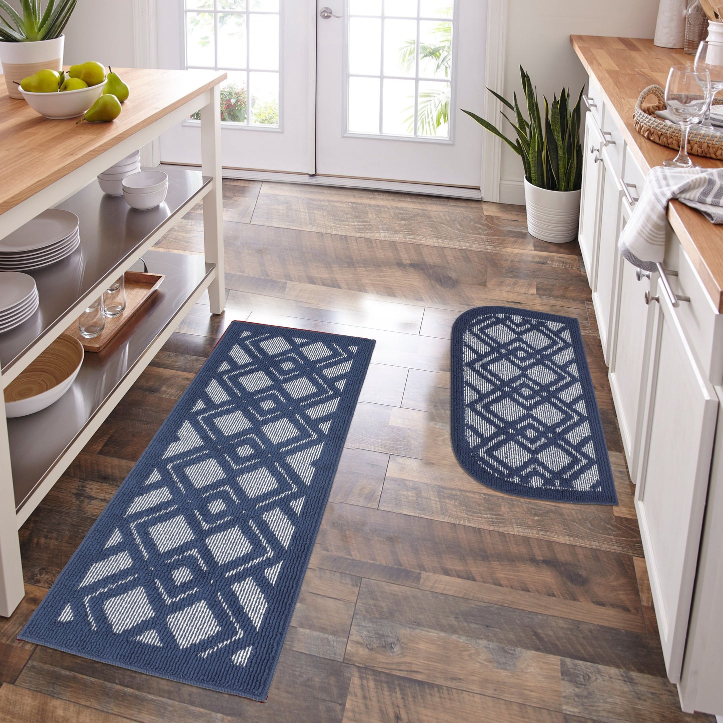 Decor Non-Slip Back Water Absorbent Soft Woven Runner Area Carpet Floor Mat Indoor Kitchen Rug, Navy Blue Geometric Design