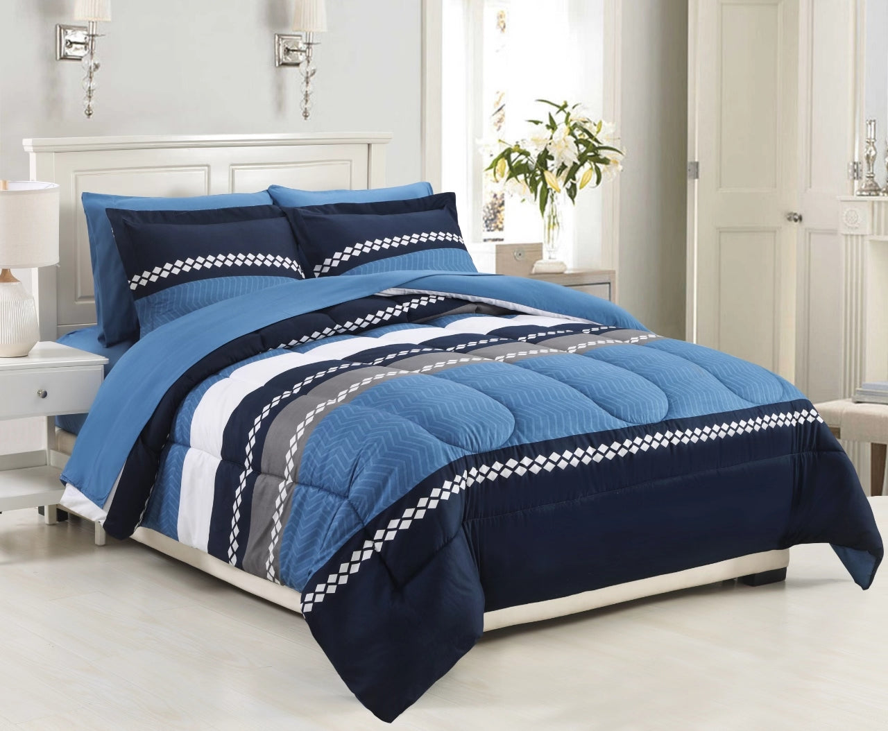 Printed Bed in a Bag Soft Luxury Fluffy Goose Down Alternative Comforter and Sheet Set, Navy Geometric Stripes Pattern